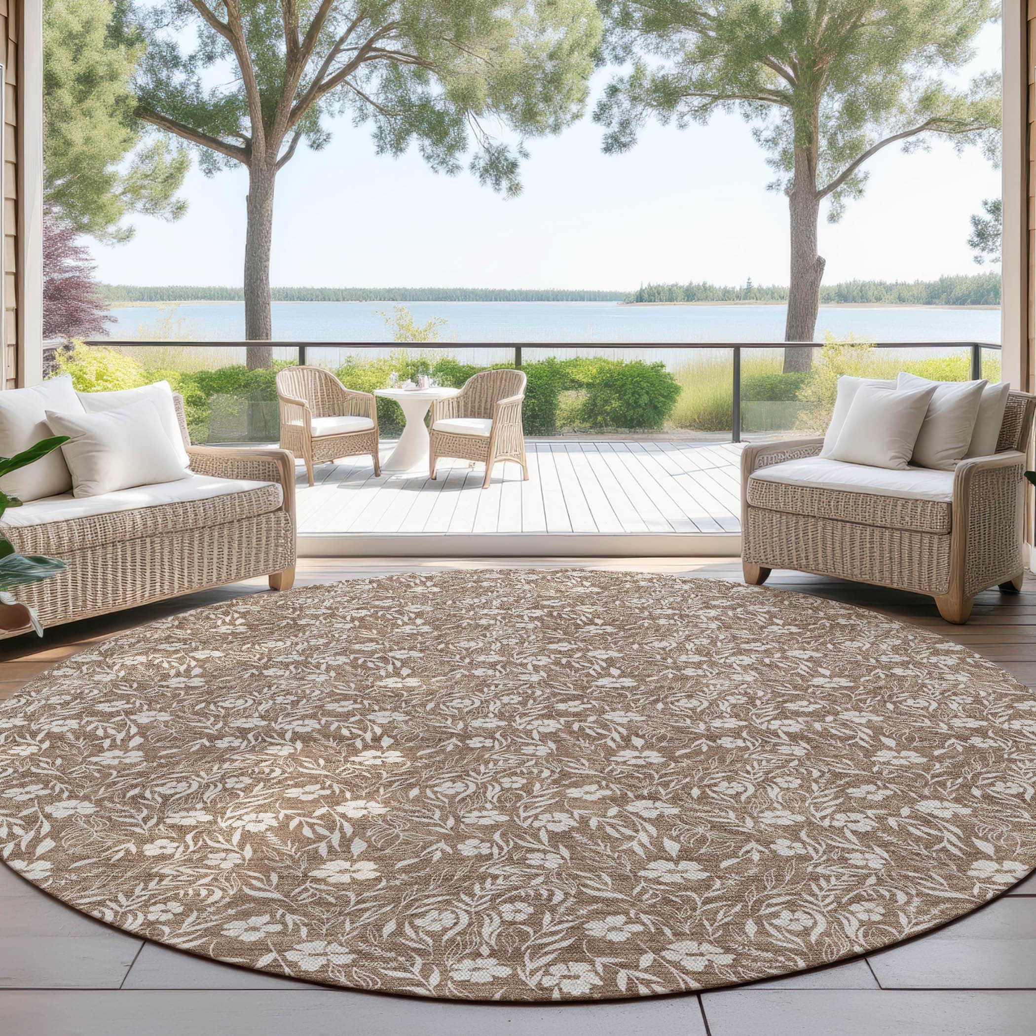 Luxury Washable Indoor/Outdoor Transitional SE4 Mocha Brown Rug 8' x 8' #shape_Round