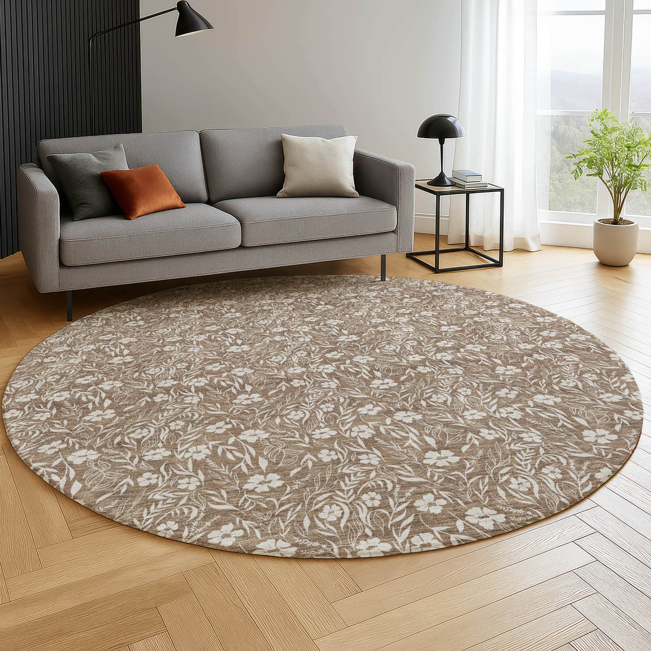 Luxury Washable Indoor/Outdoor Transitional SE4 Mocha Brown Rug 8' x 8' #shape_Round