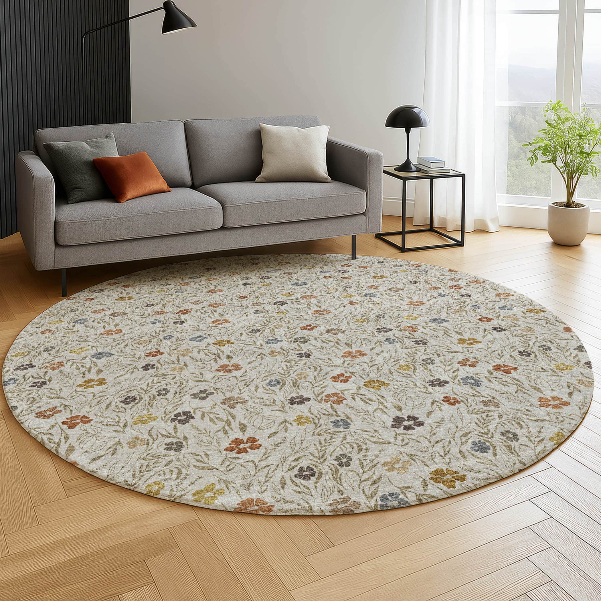Luxury Washable Indoor/Outdoor Transitional SE4 Pearl Ivory Rug 8' x 8' #shape_Round
