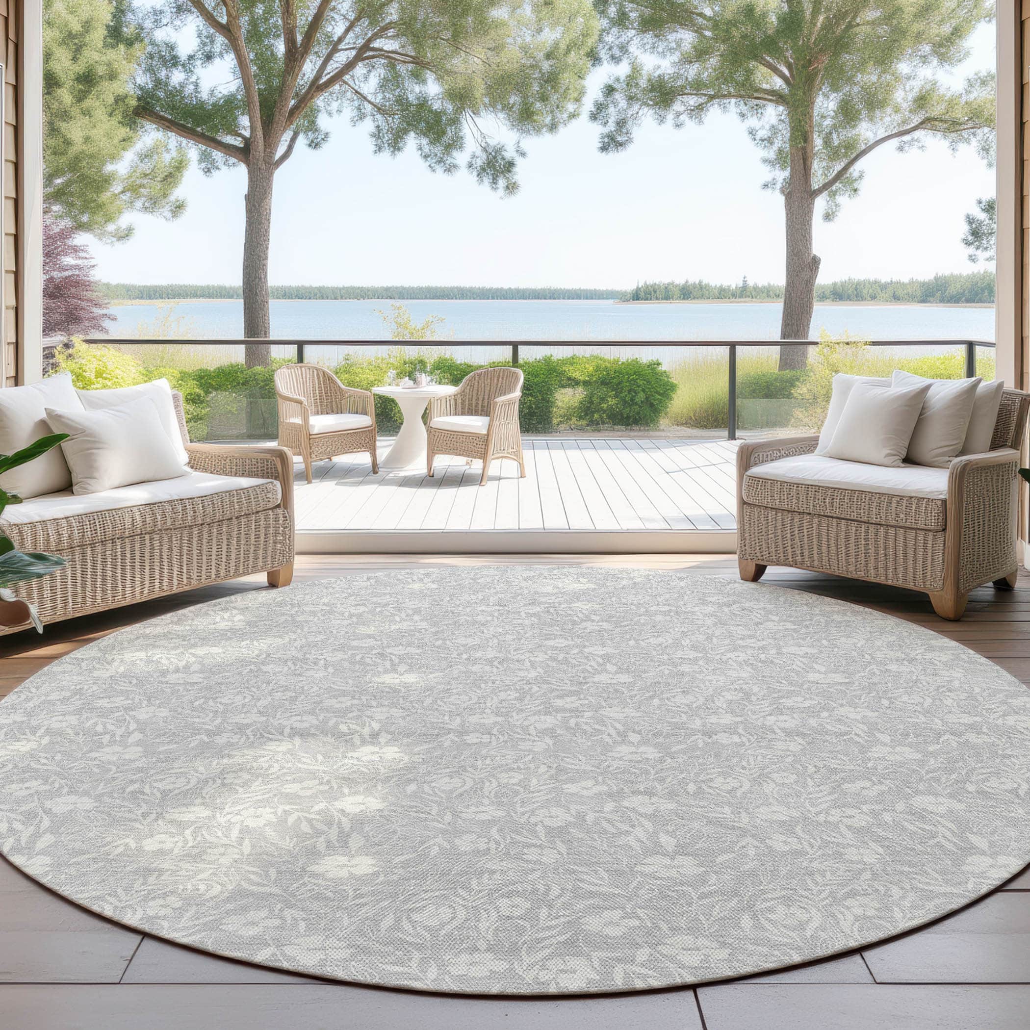 Luxury Washable Indoor/Outdoor Transitional SE4 Silver Gray Rug 8' x 8' #shape_Round