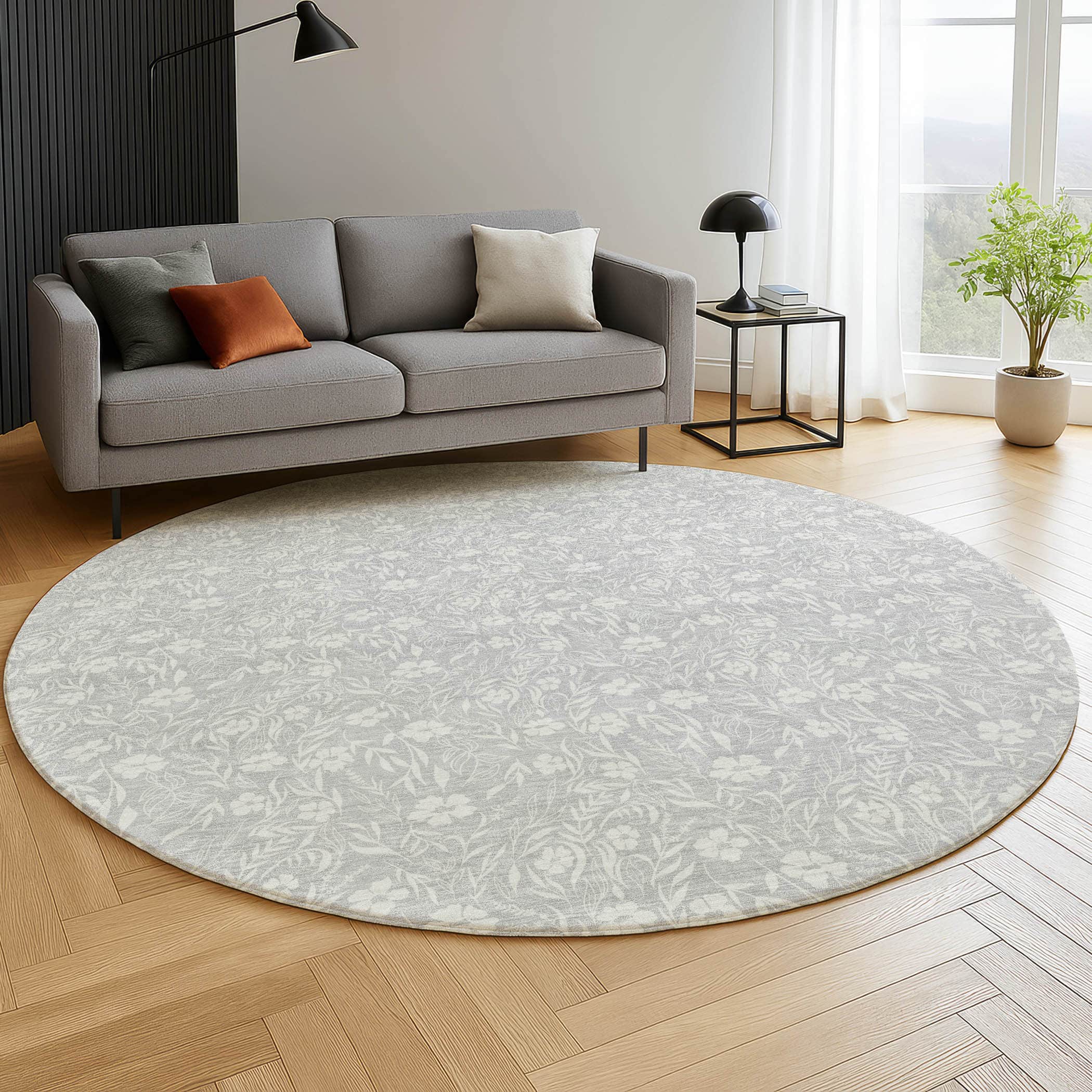 Luxury Washable Indoor/Outdoor Transitional SE4 Silver Gray Rug 8' x 8' #shape_Round