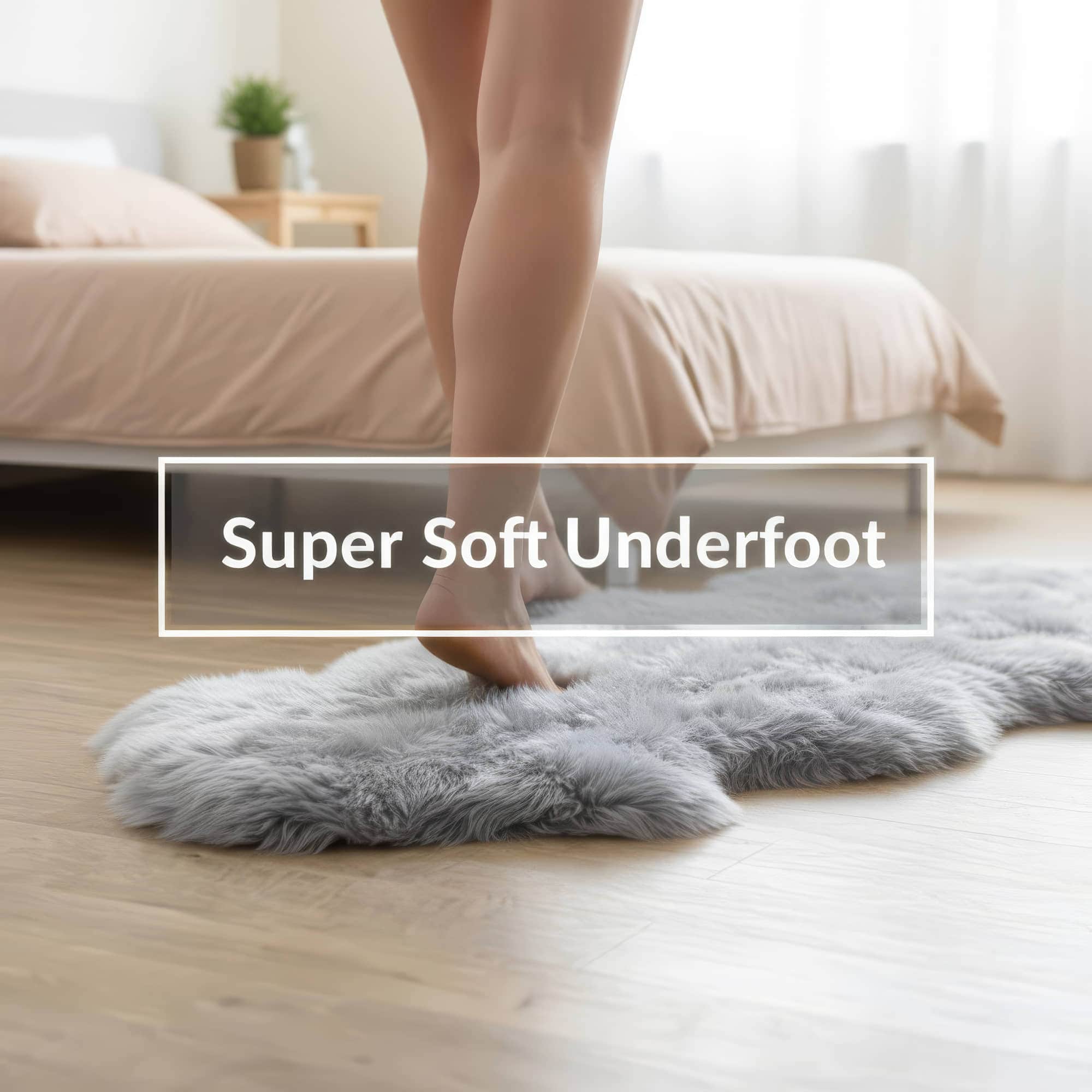 Person stepping onto a fluffy rug with 'Super Soft Underfoot' text overlay in a bedroom setting.