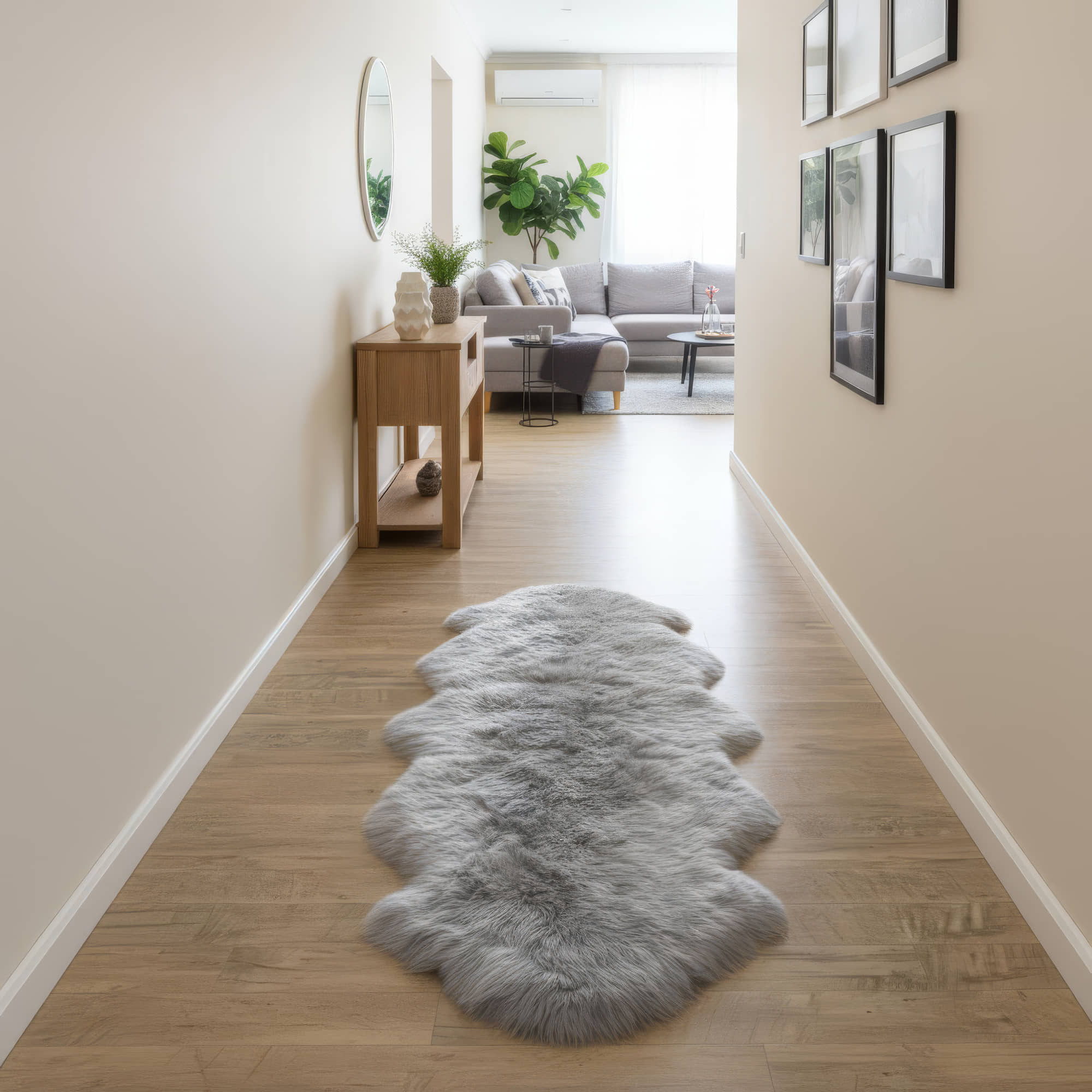 Gray rug on a wooden floor in a modern living room. #size_2' x 6'