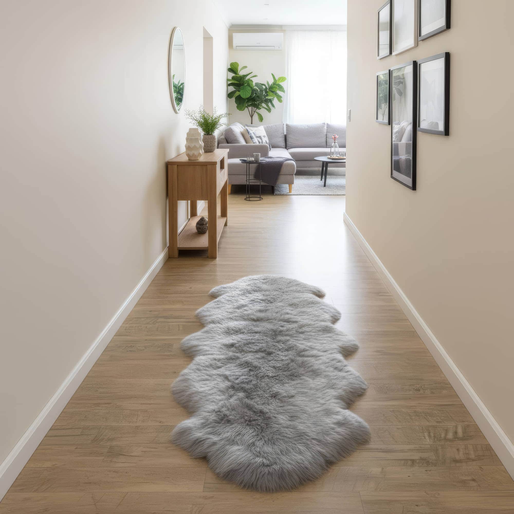 Gray rug on a wooden floor in a modern living room. #size_2' x 6'