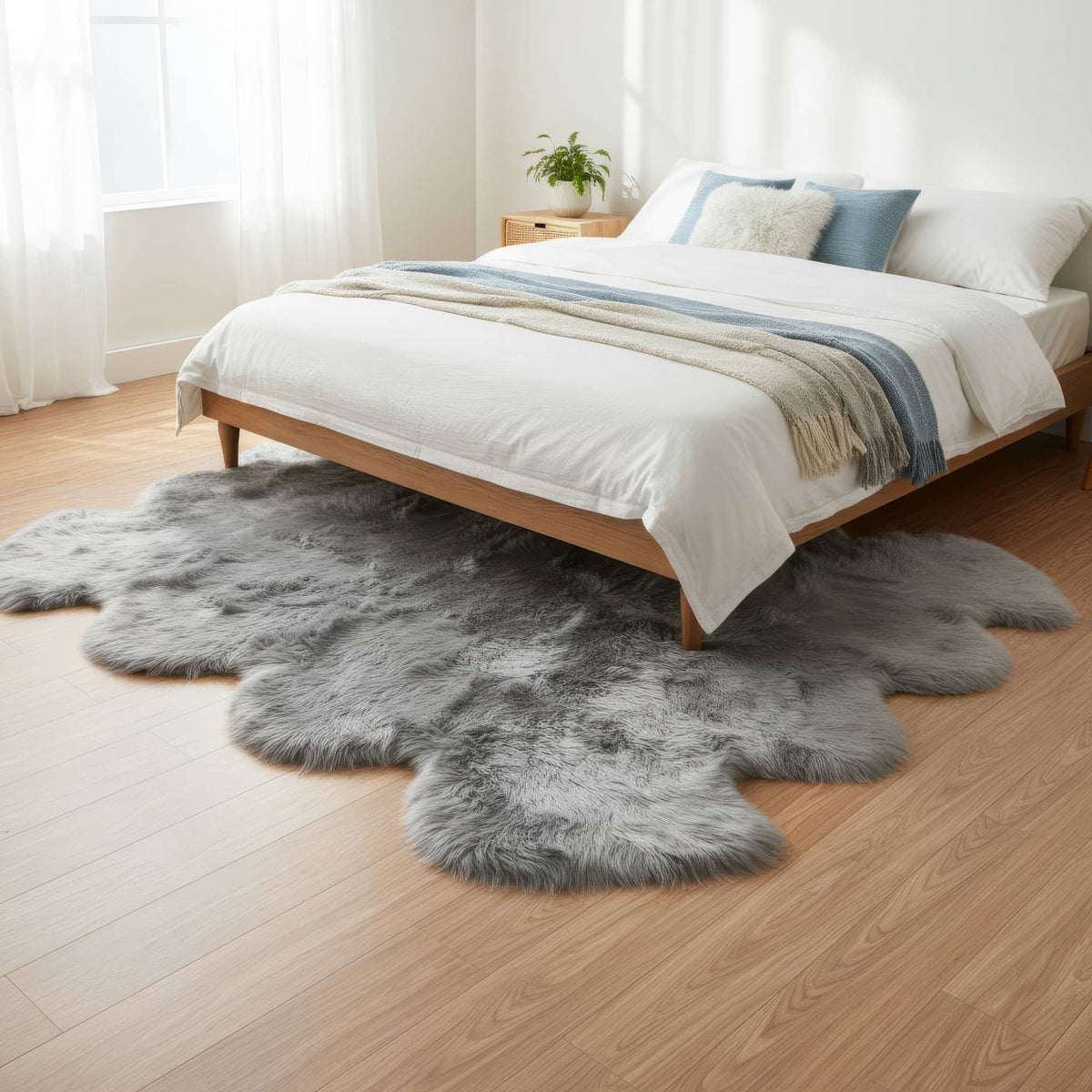 Woman reading a book lying on a silver gray sheepskin rug beside a white bed #size_Octo (8-Pelt) 6×7 ft