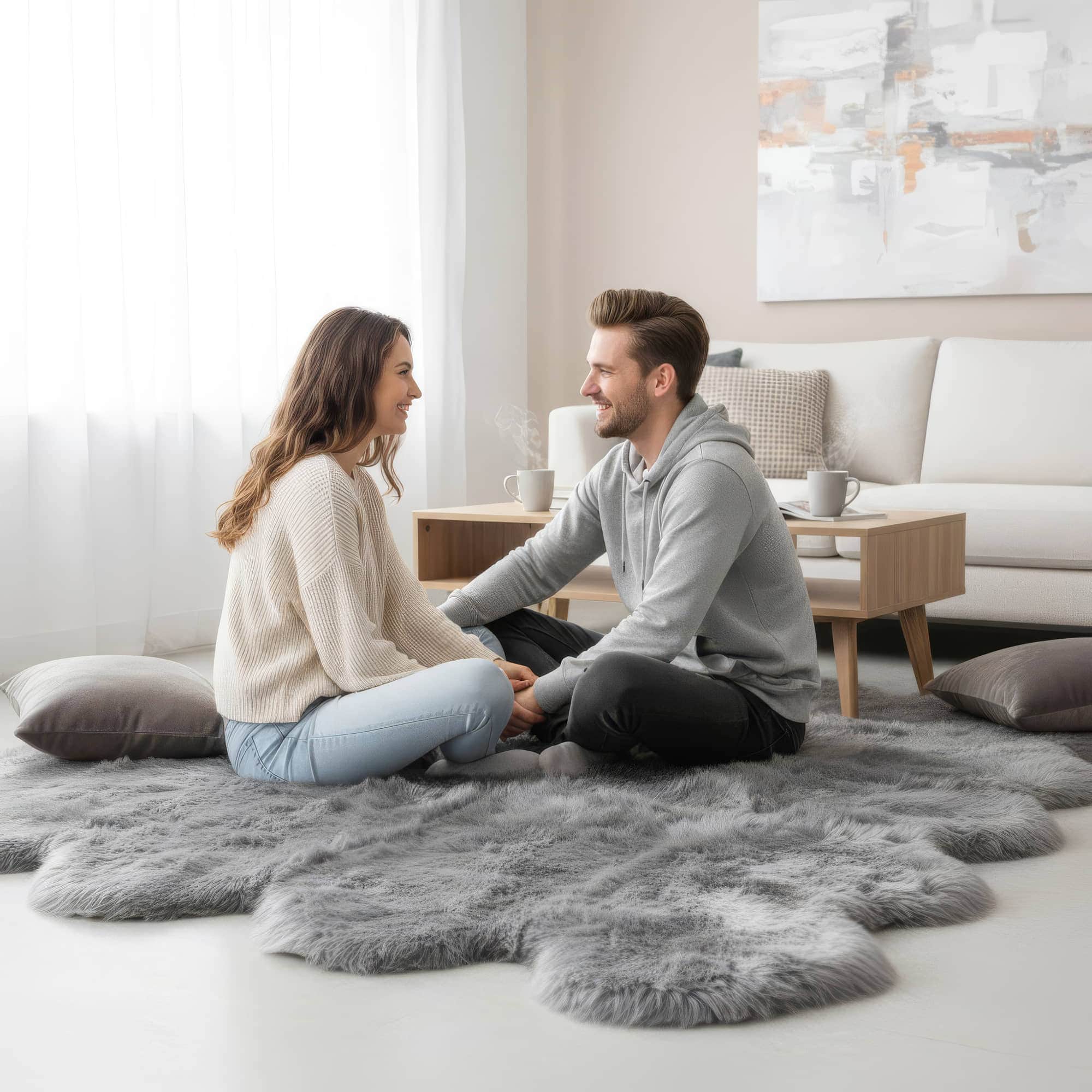 Man and woman sitting on a gray fur rug in a modern living room. #size_6' x 7'