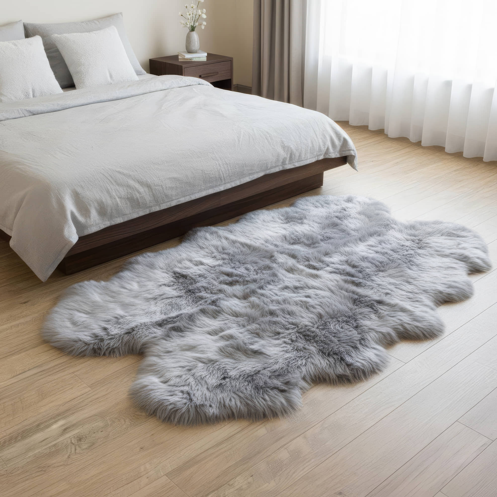 Gray fluffy rug on a wooden floor in a bedroom setting #size_4' x 6'