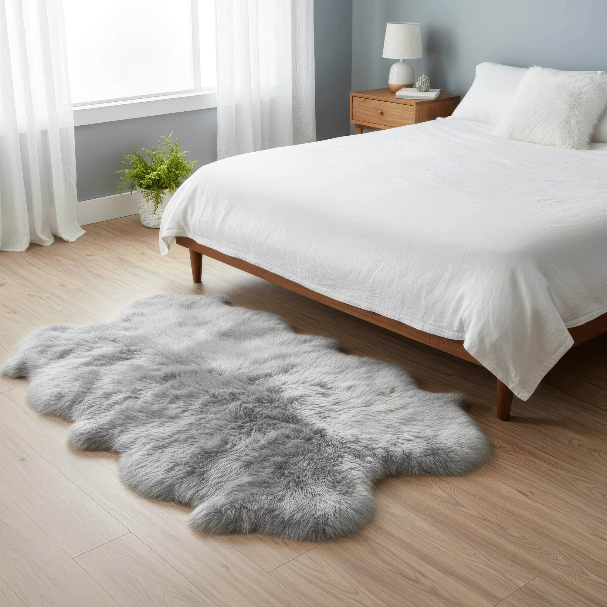 Gray fur rug on a wooden floor in a bedroom with a bed and nightstand. #size_4' x 6'