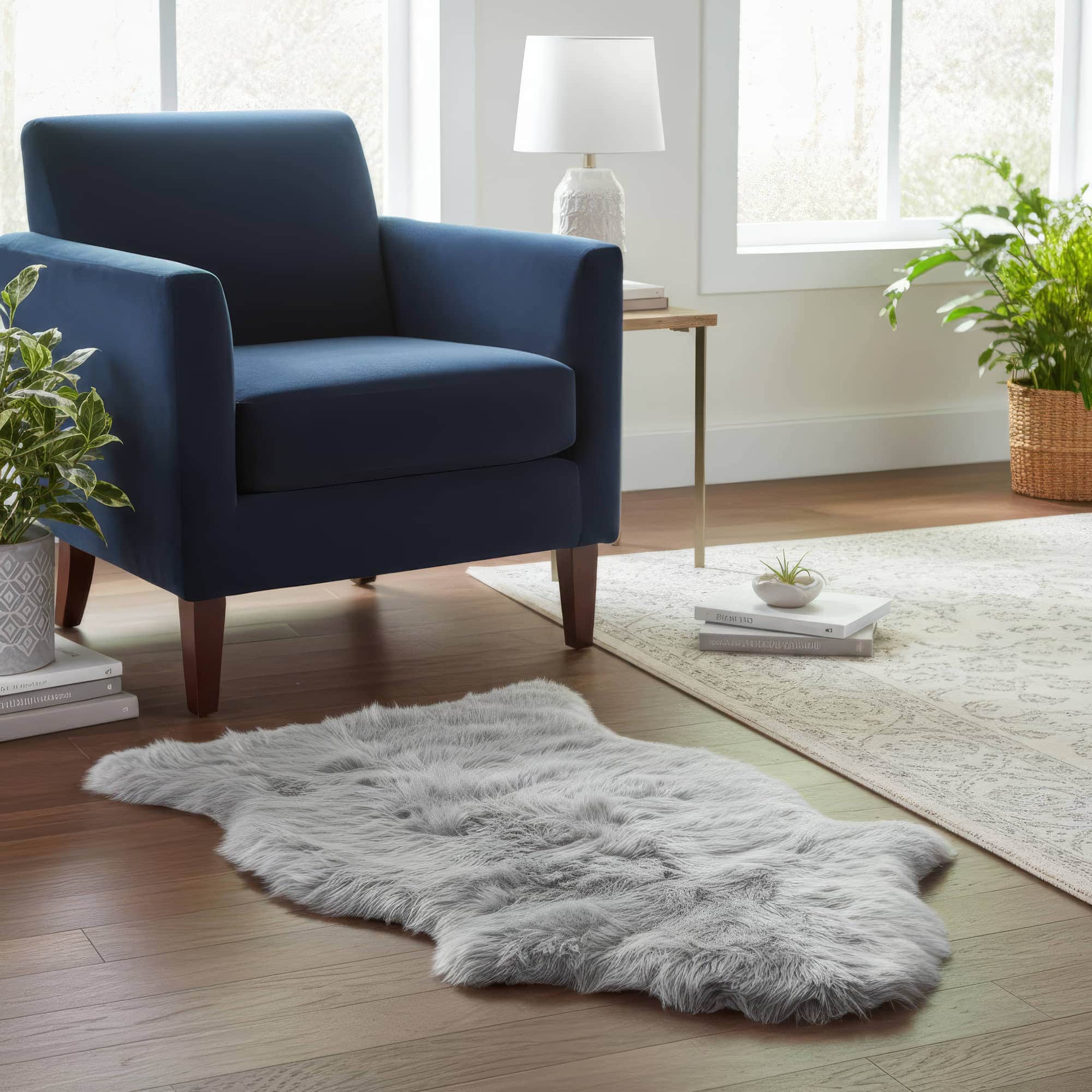 Blue armchair in a living room with a gray rug and plants. #size_2' x 3'