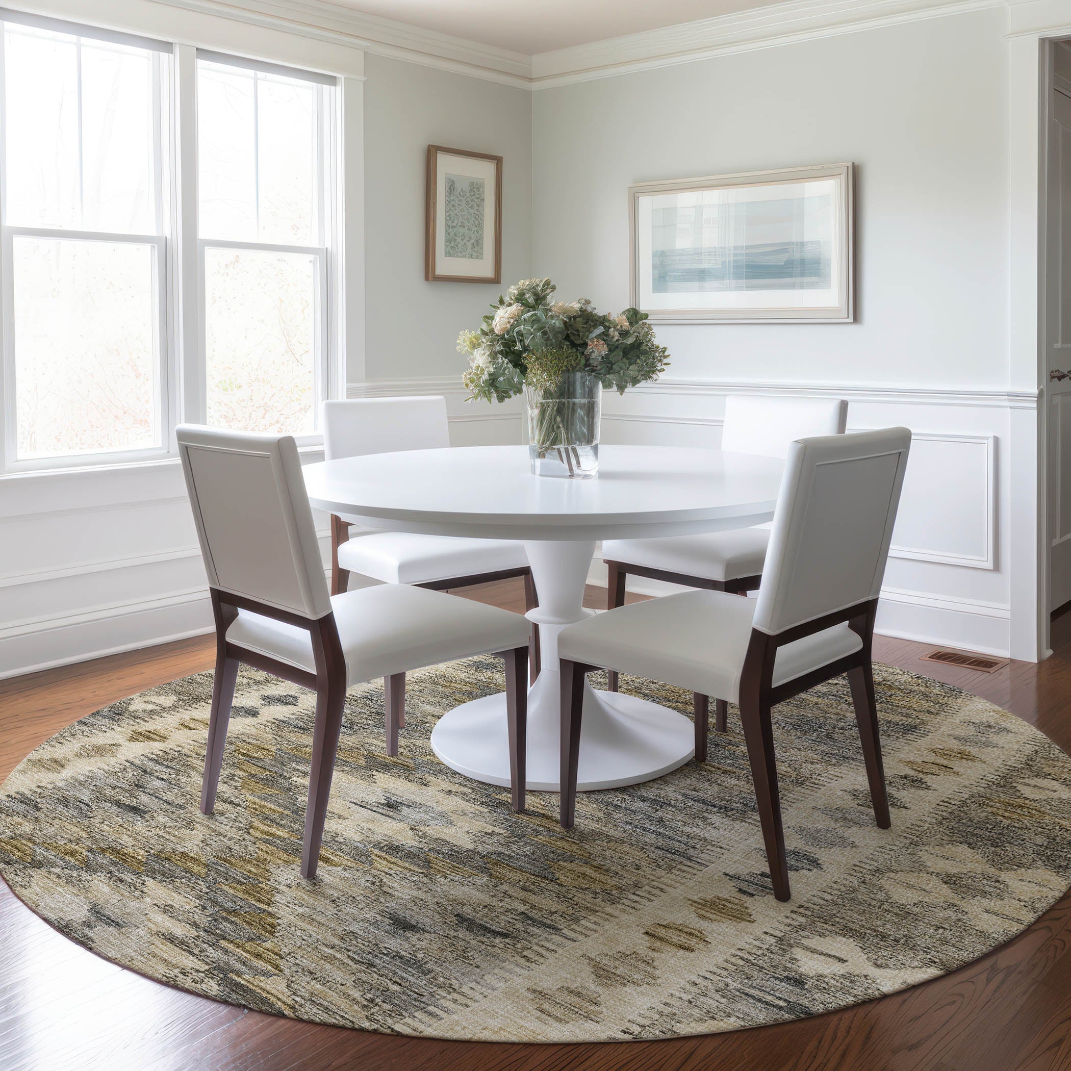 Luxury Washable Indoor/Outdoor transitional SL13 Beige Brown Rug 8' x 8' #shape_Round