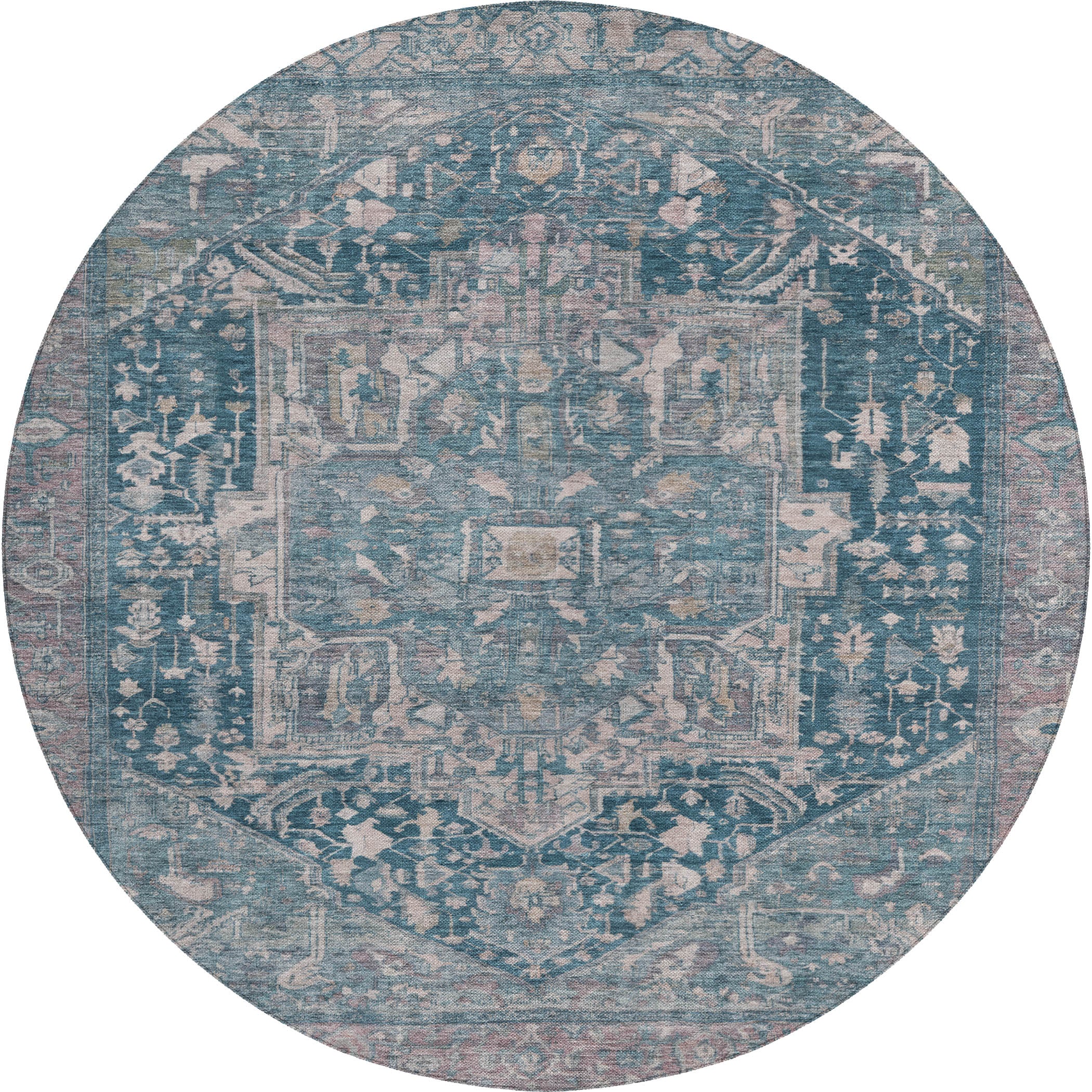 Luxury Washable Indoor/Outdoor traditional SL14 Blue Rug 8' x 8' #shape_Round