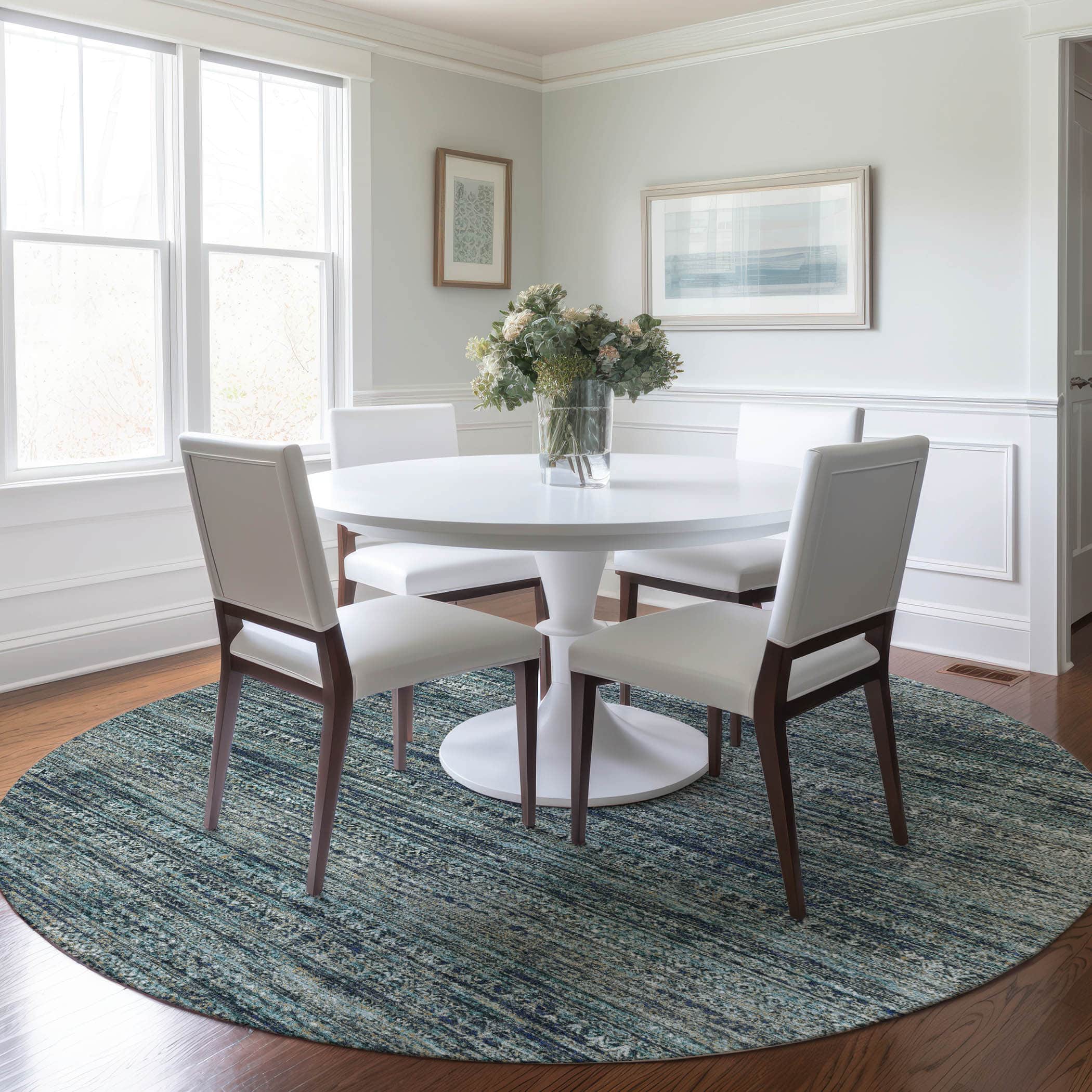 Luxury Washable Indoor/Outdoor transitional SL3 Teal Rug 8' x 8' #shape_Round