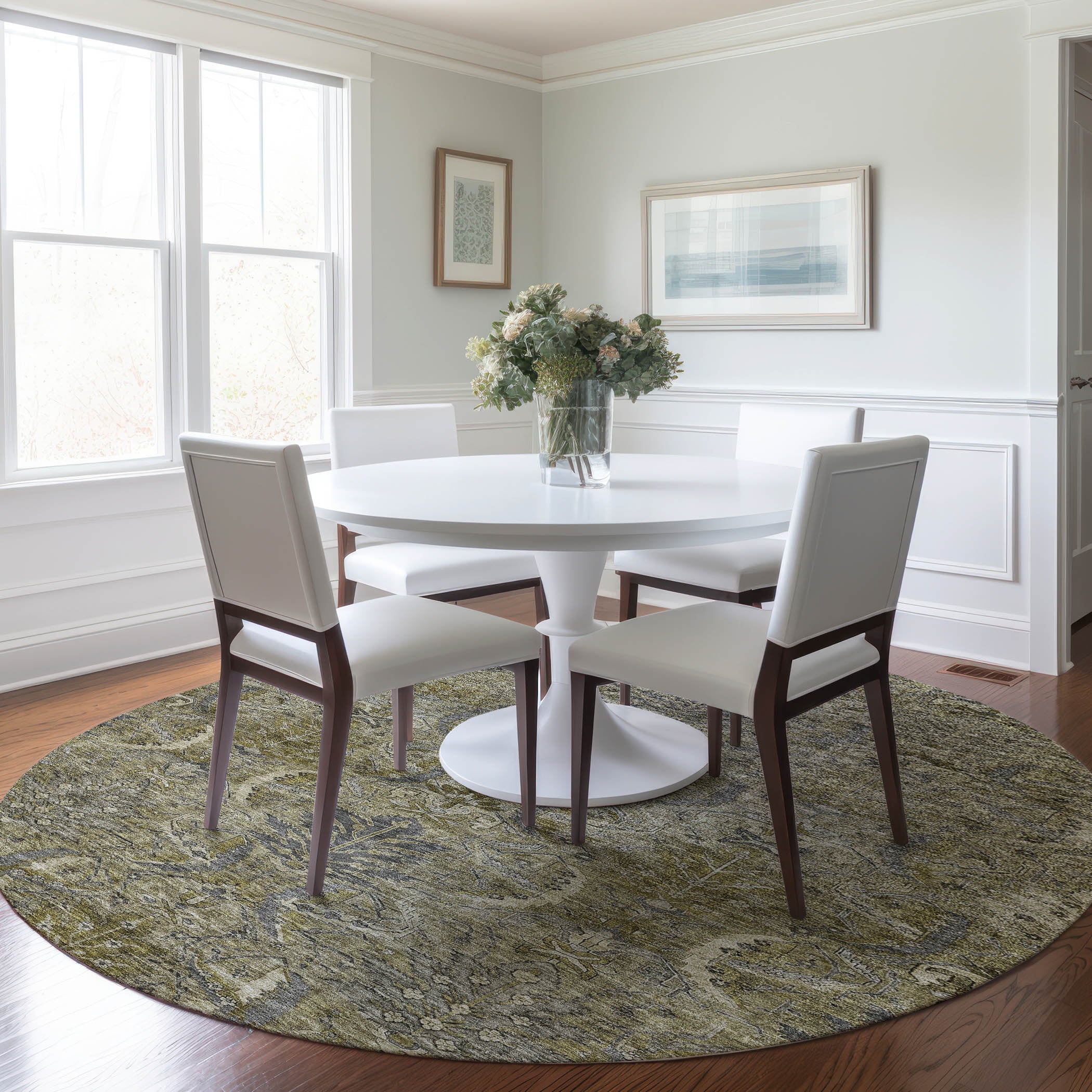 Luxury Washable Indoor/Outdoor transitional SL7 Taupe Brown Rug 8' x 8' #shape_Round