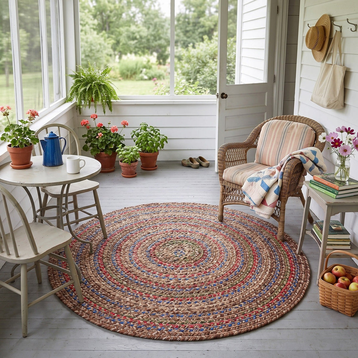 Brown Portsmouth braided rug, 4 foot round, on a screened back porch #Size_4' Round