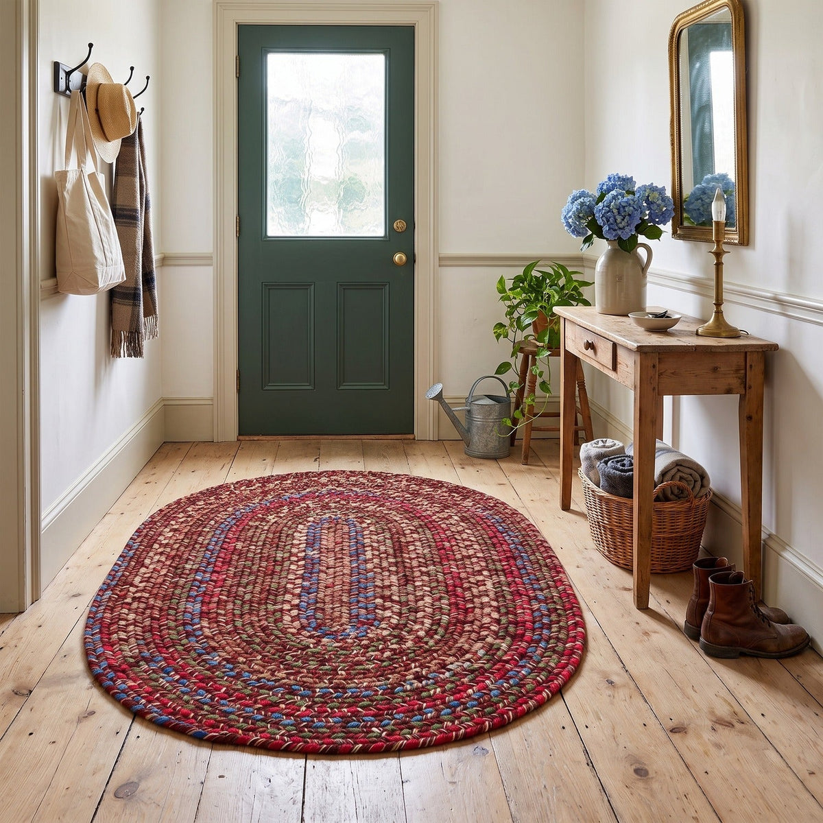 Burgundy & Green Portsmouth braided rug, 3x5 oval, in a farmhouse entry hall #Size_3' x 5' Oval
