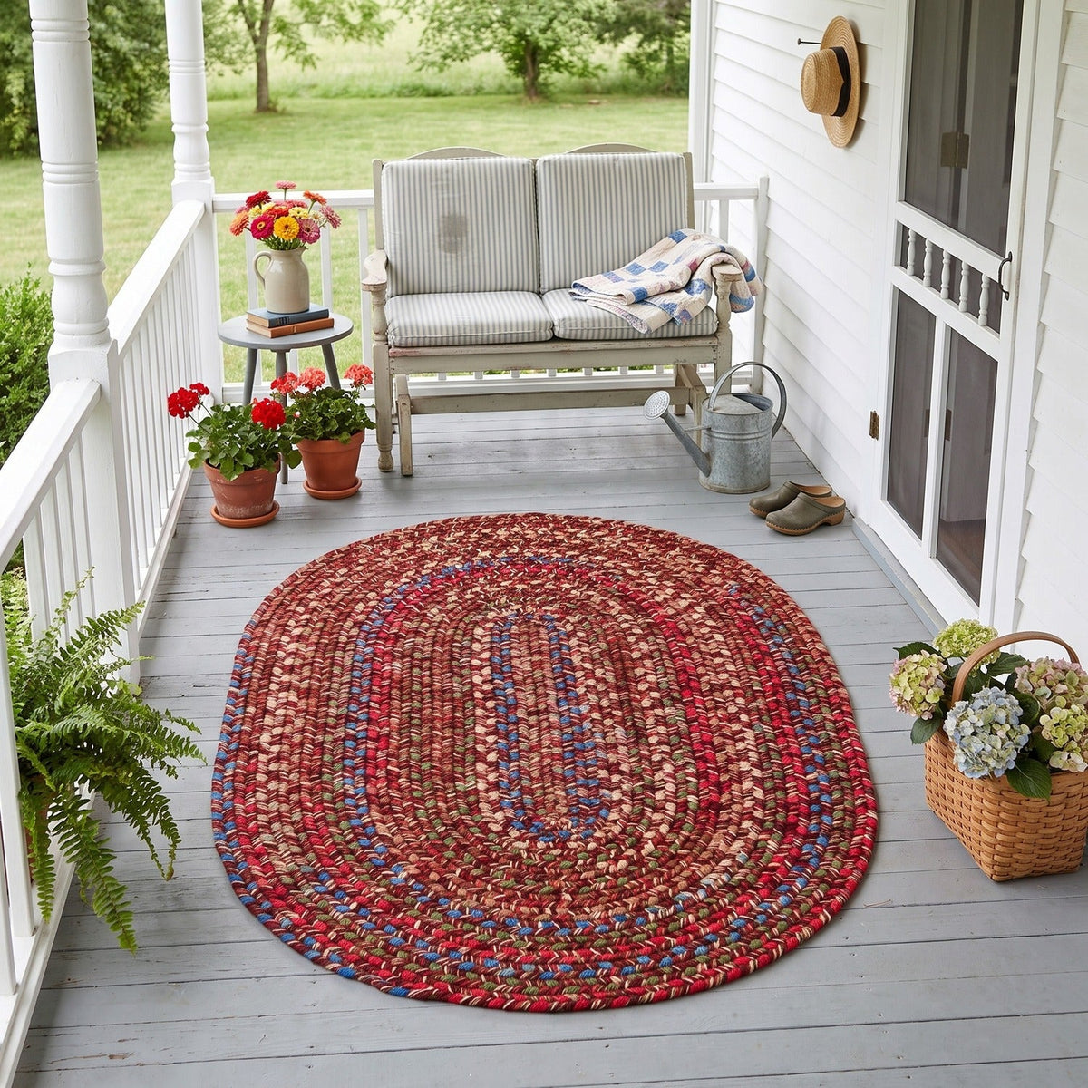 Burgundy & Green Portsmouth braided rug, 4x6 oval, on a covered front porch #Size_4' x 6' Oval