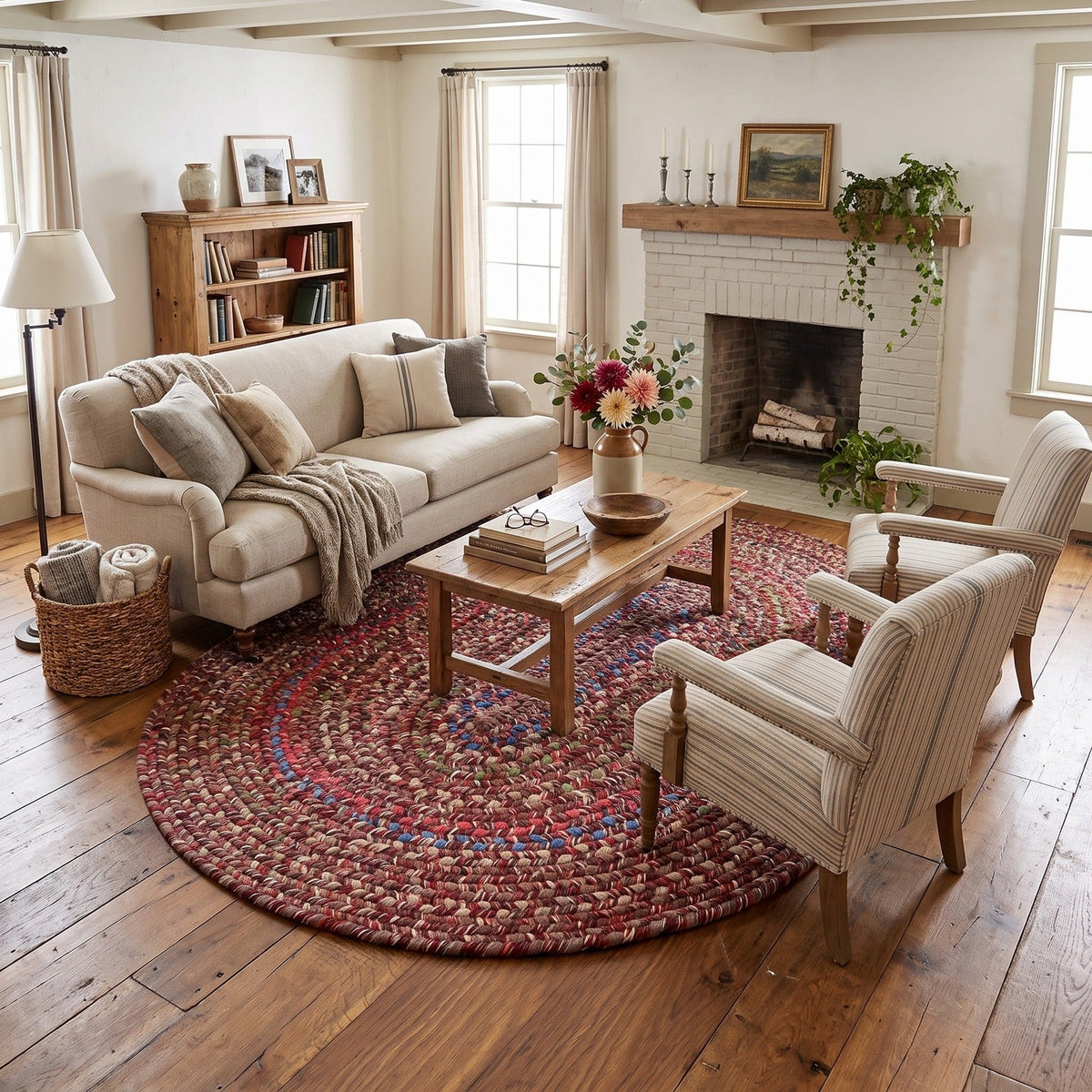 Burgundy & Green Portsmouth braided rug, 5x8 oval, in a farmhouse living room #Size_5' x 8' Oval