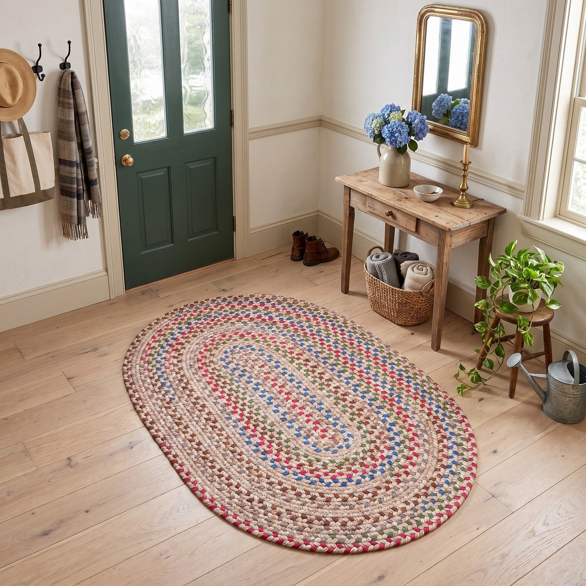 Sandy Beige Portsmouth braided rug, 3x5 oval, in a farmhouse entry hall #Size_3' x 5' Oval