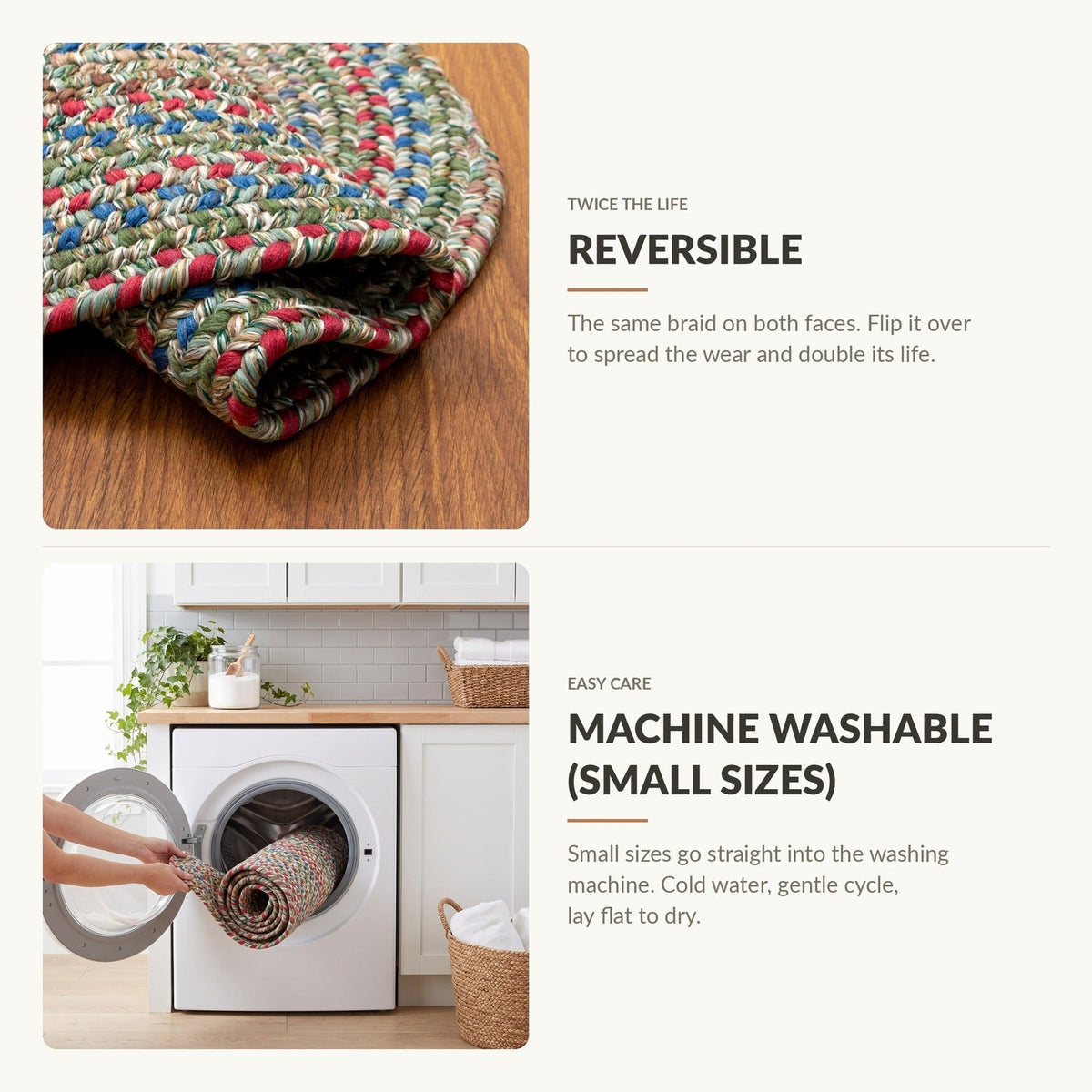 Reversible and machine washable in small sizes - Portsmouth braided rug features