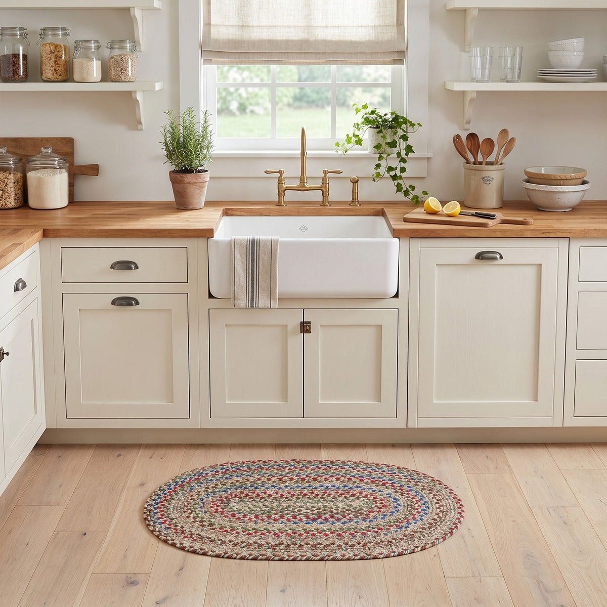 Moss Green Portsmouth braided rug, 2x3 oval, at a farmhouse kitchen sink #Size_2' x 3' Oval