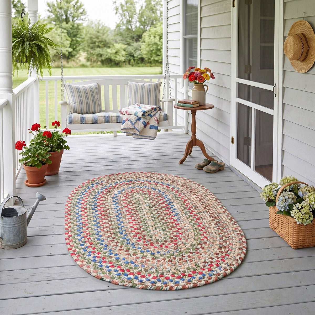 Moss Green Portsmouth braided rug, 4x6 oval, on a covered front porch #Size_4' x 6' Oval