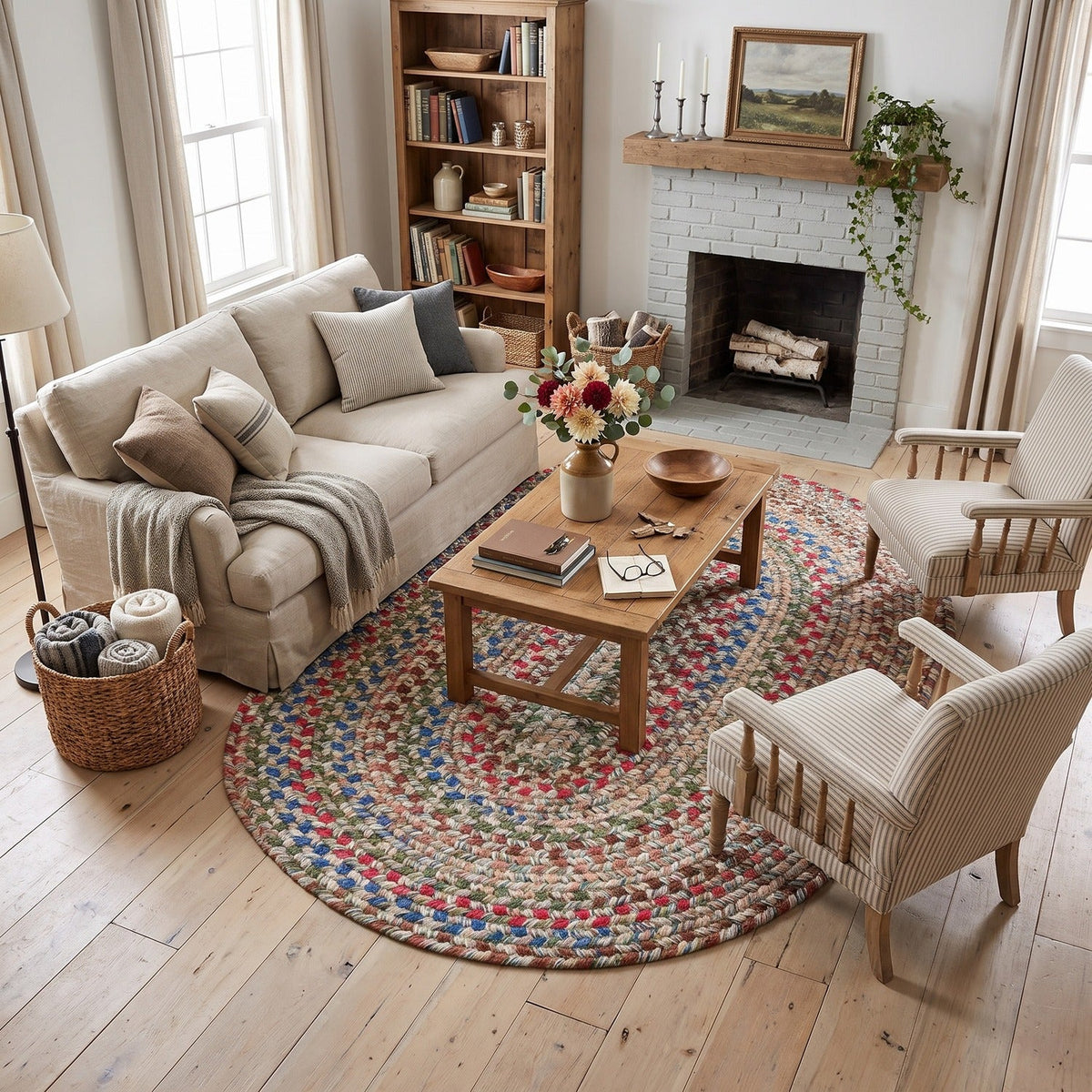 Moss Green Portsmouth braided rug, 5x8 oval, in a farmhouse living room #Size_5' x 8' Oval