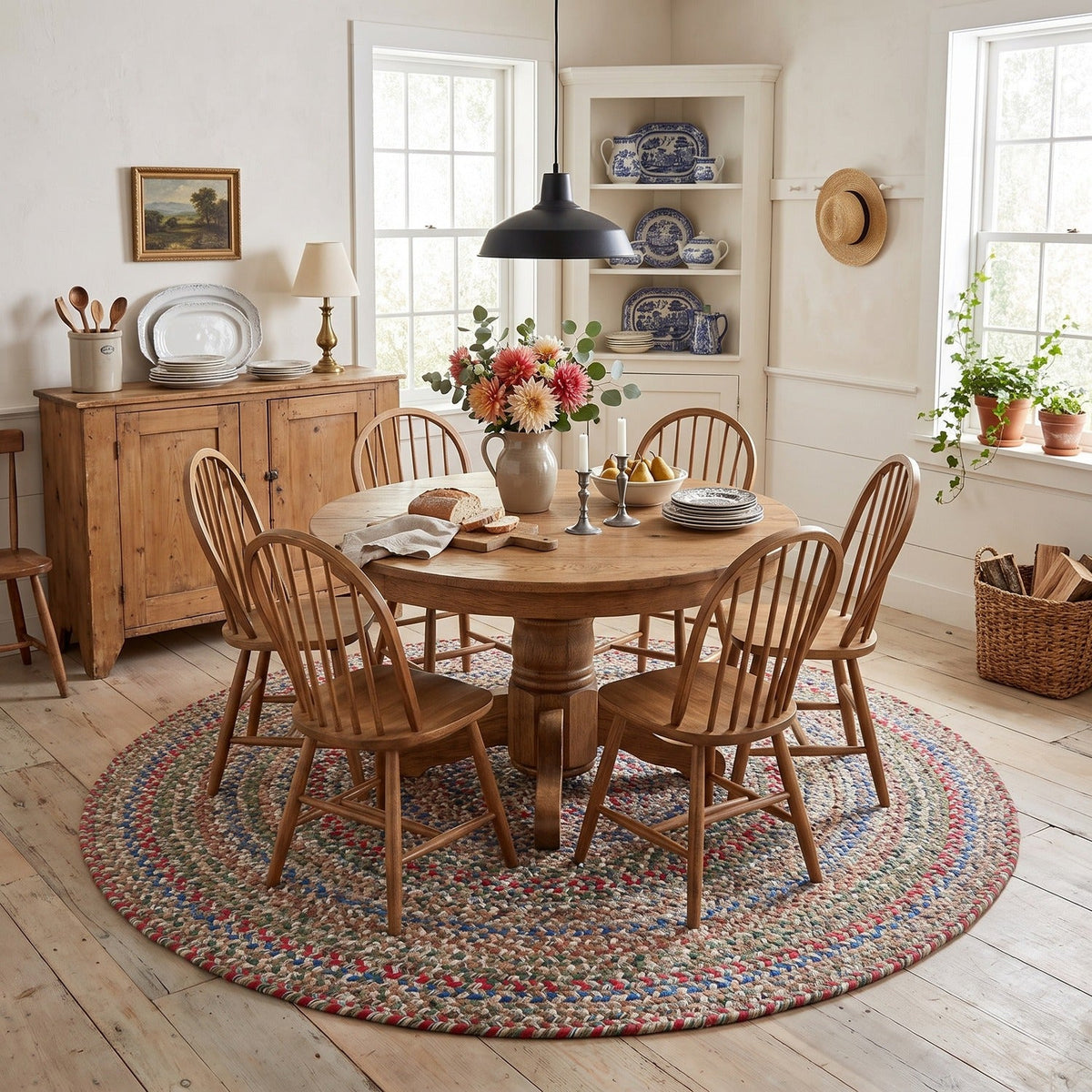 Moss Green Portsmouth braided rug, 6 foot round, under a round dining table #Size_6' Round