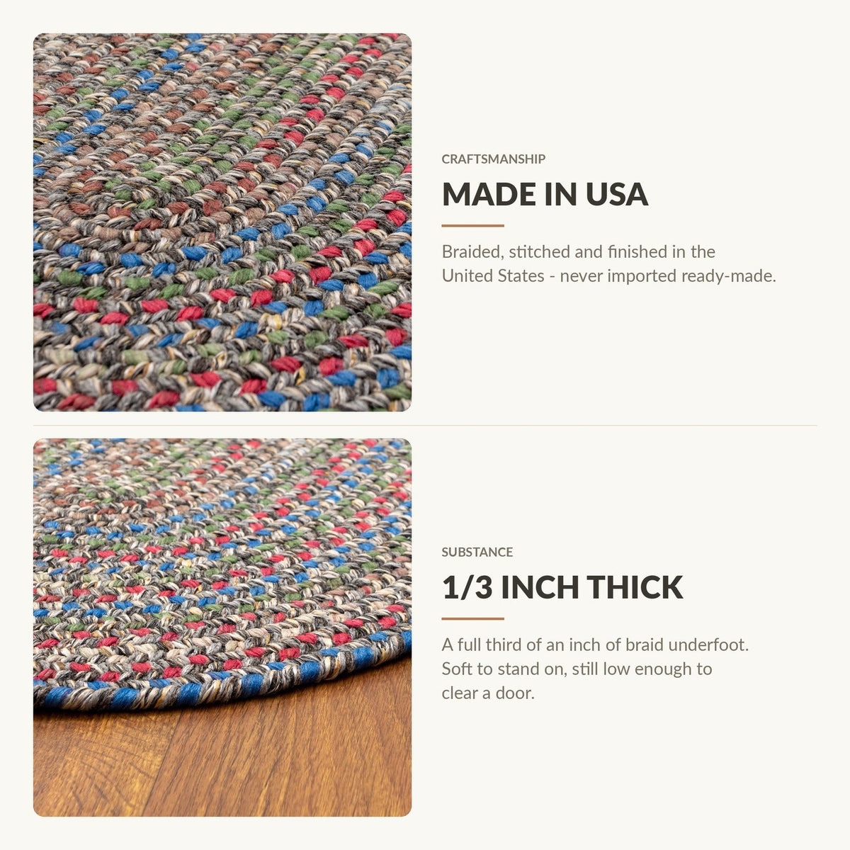 Made in USA and 1/3 inch thick - Portsmouth braided rug features