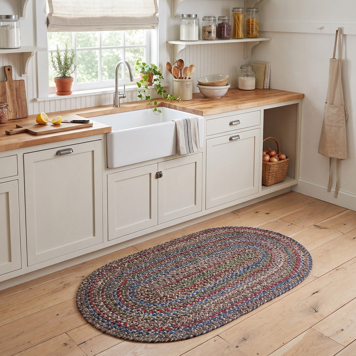 Gray & Brown Portsmouth braided rug, 2x3 oval, at a farmhouse kitchen sink #Size_2' x 3' Oval