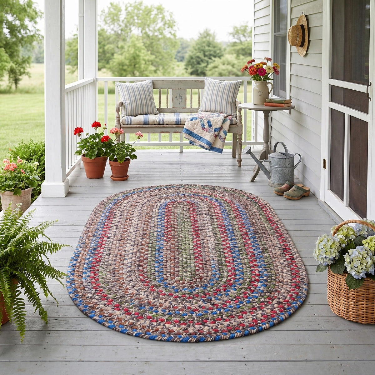 Gray & Brown Portsmouth braided rug, 4x6 oval, on a covered front porch #Size_4' x 6' Oval