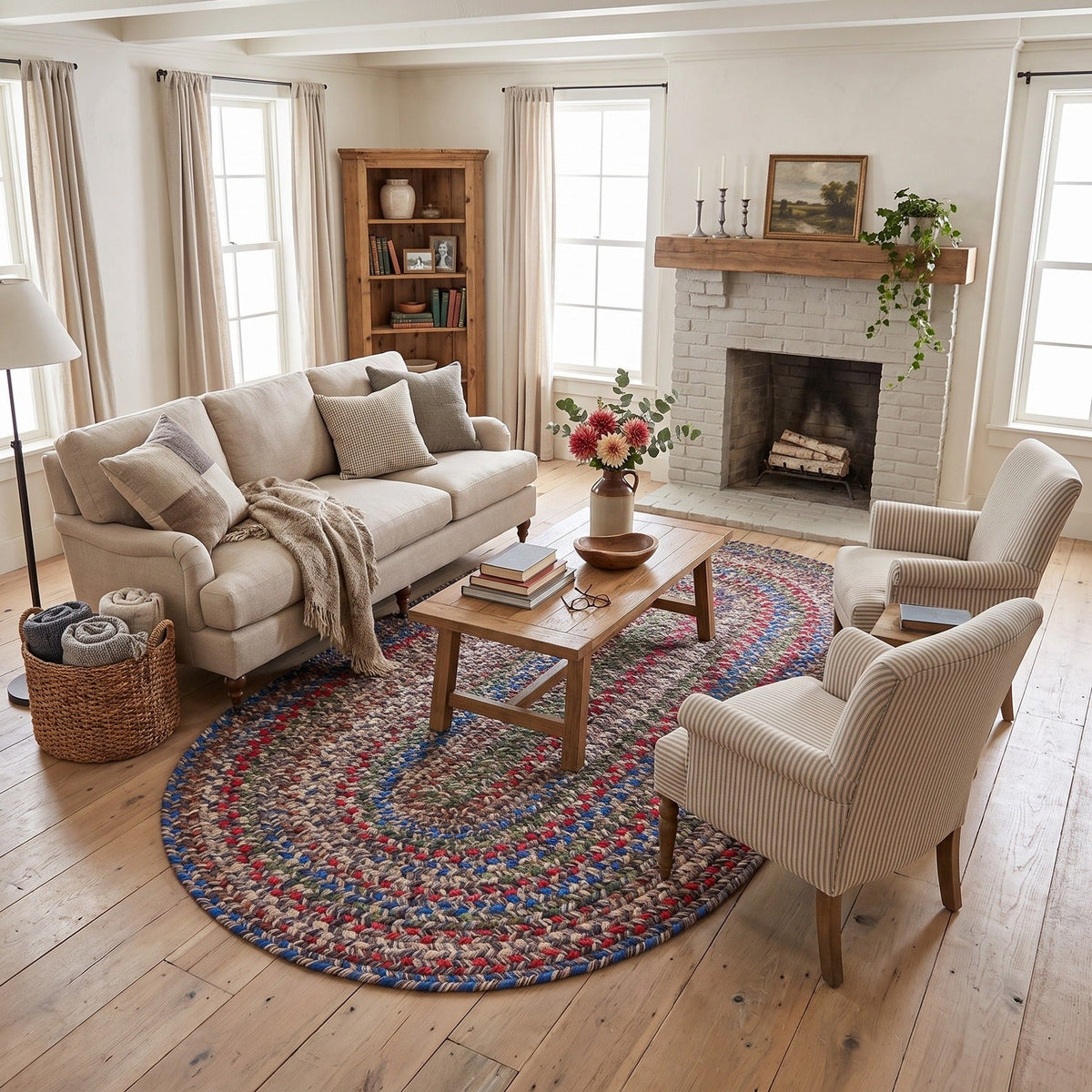 Gray & Brown Portsmouth braided rug, 5x8 oval, in a farmhouse living room #Size_5' x 8' Oval