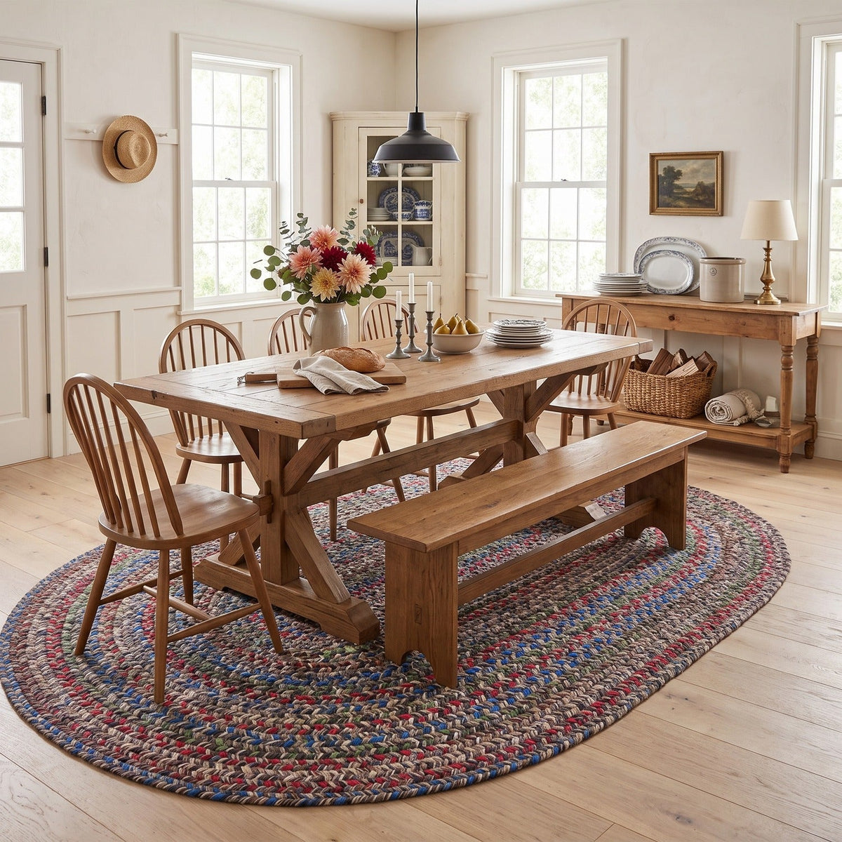 Gray & Brown Portsmouth braided rug, 8x10 oval, in a farmhouse dining room #Size_8' x 10' Oval