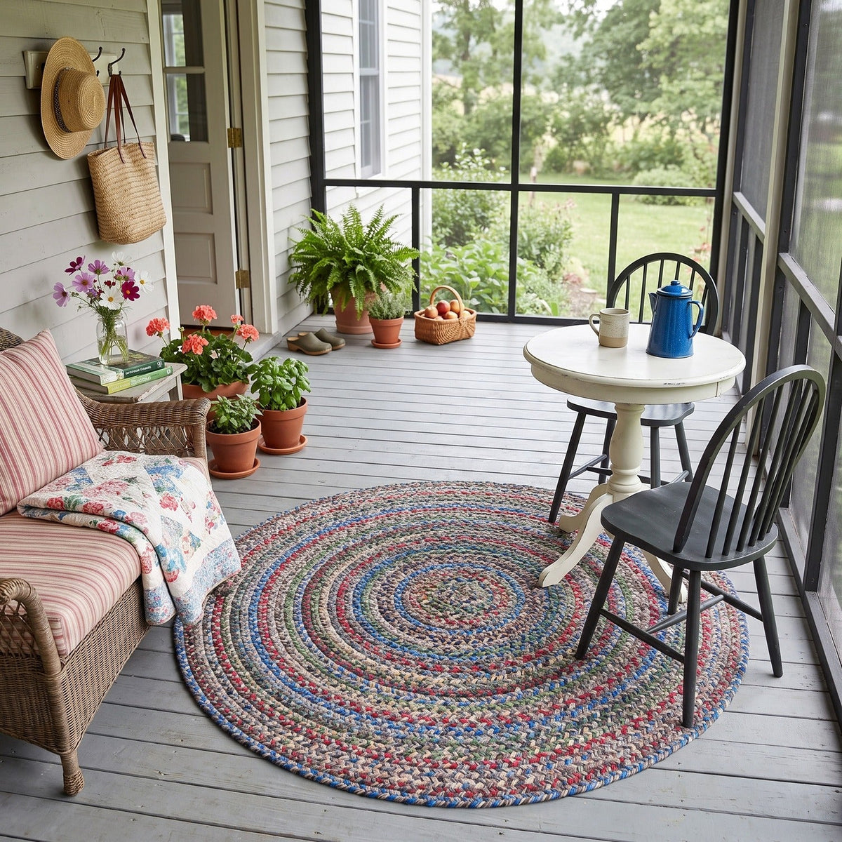 Gray & Brown Portsmouth braided rug, 4 foot round, on a screened back porch #Size_4' Round