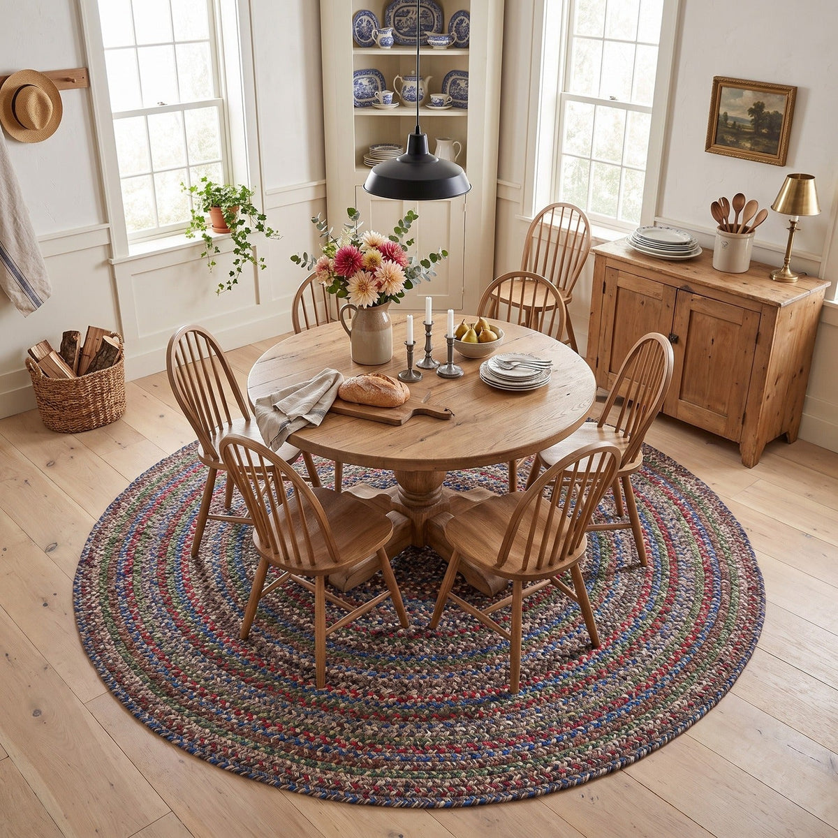 Gray & Brown Portsmouth braided rug, 6 foot round, under a round dining table #Size_6' Round
