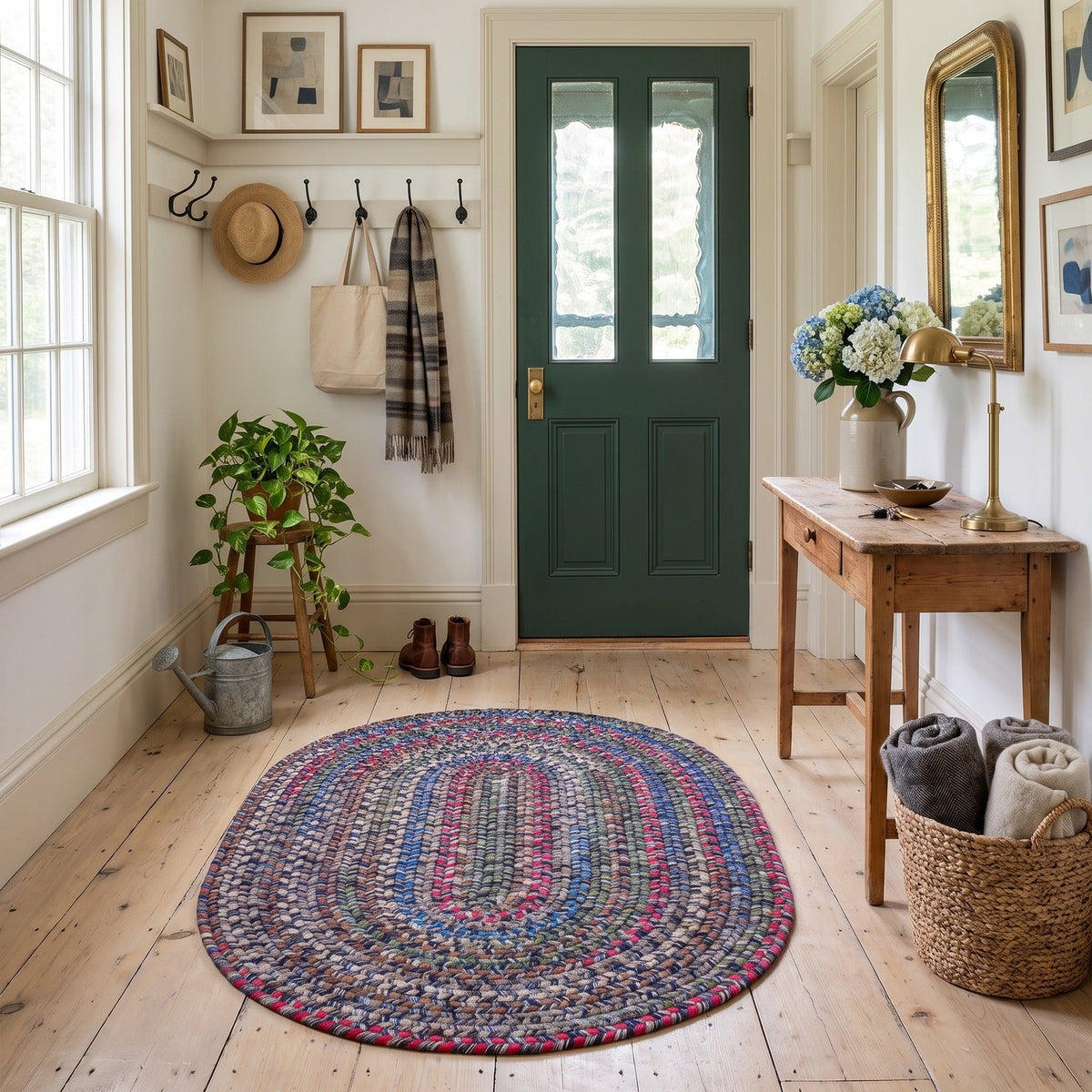 Blue Portsmouth braided rug, 3x5 oval, in a farmhouse entry hall #Size_3' x 5' Oval