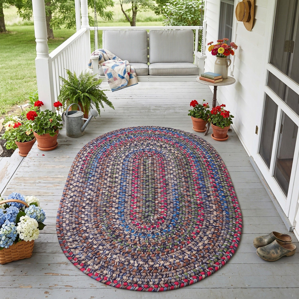 Blue Portsmouth braided rug, 4x6 oval, on a covered front porch #Size_4' x 6' Oval
