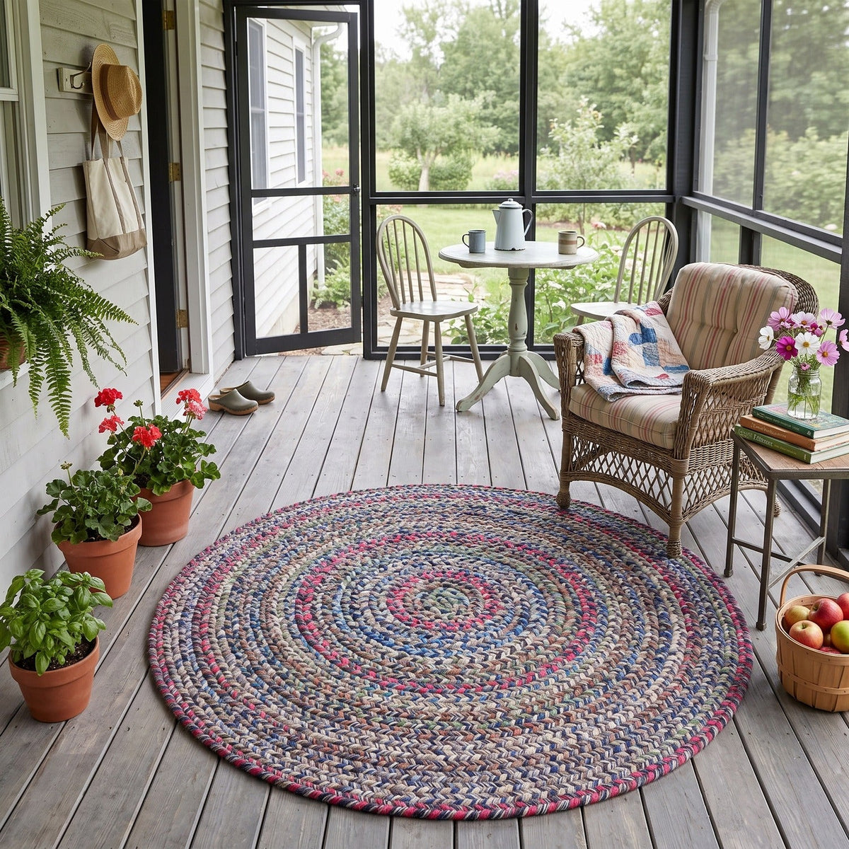 Blue Portsmouth braided rug, 4 foot round, on a screened back porch #Size_4' Round