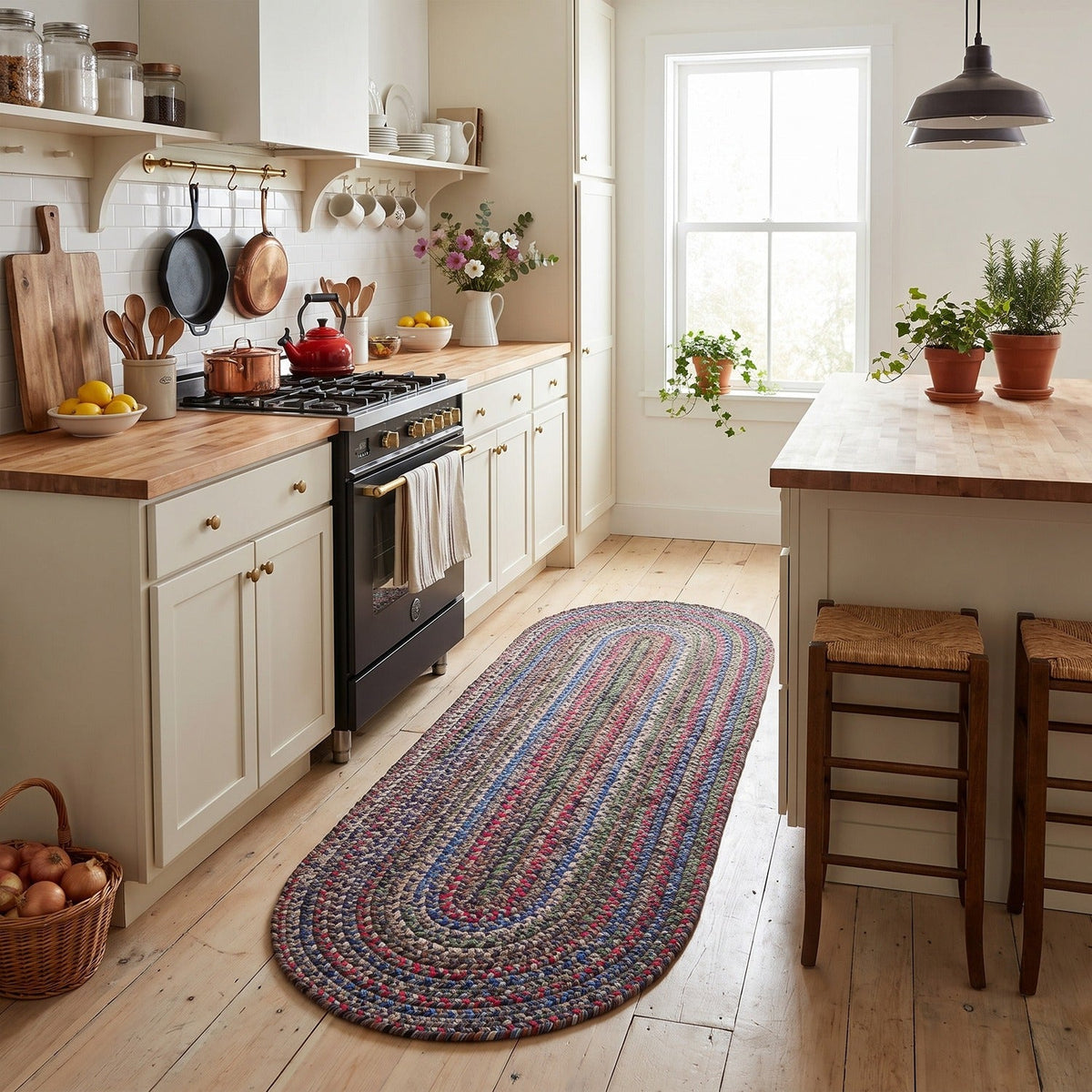 Blue Portsmouth braided rug, 2x6 runner, in a galley kitchen #Size_2' x 6' Runner
