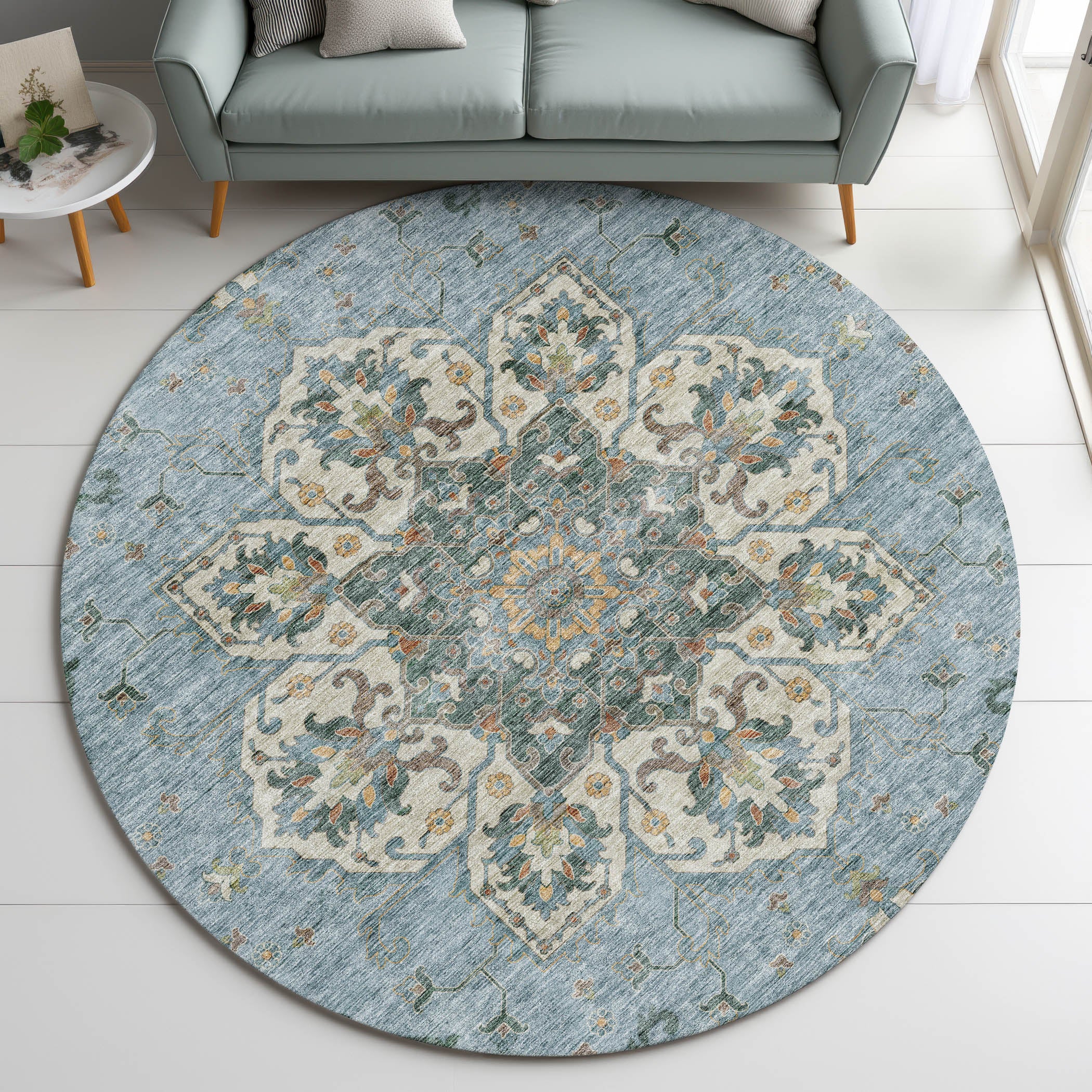 Indoor/Outdoor Traditional SR6 Aqua Teal Rug 8' x 8' #shape_Round