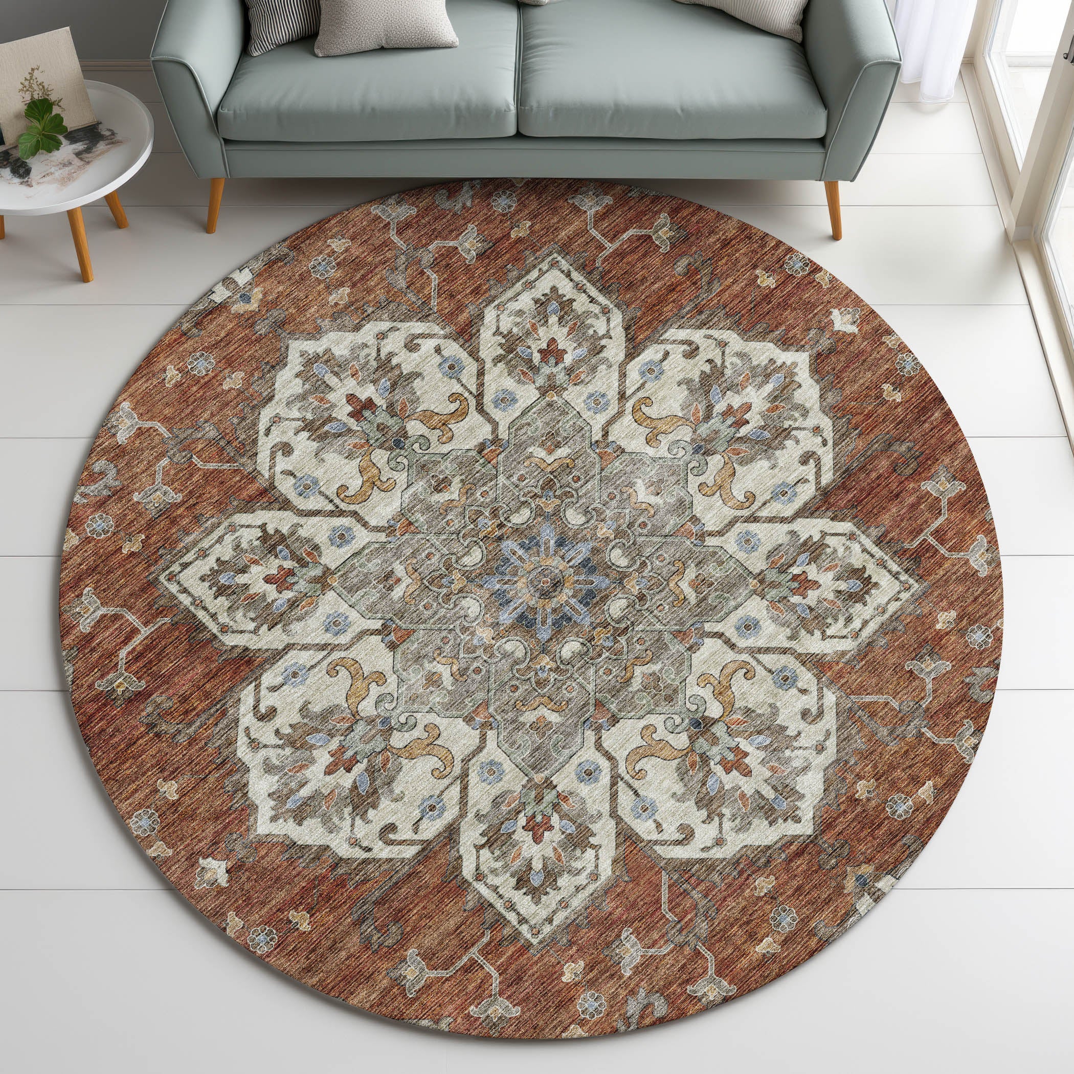 Indoor/Outdoor Traditional SR6 Paprika Orange Rug 8' x 8' #shape_Round