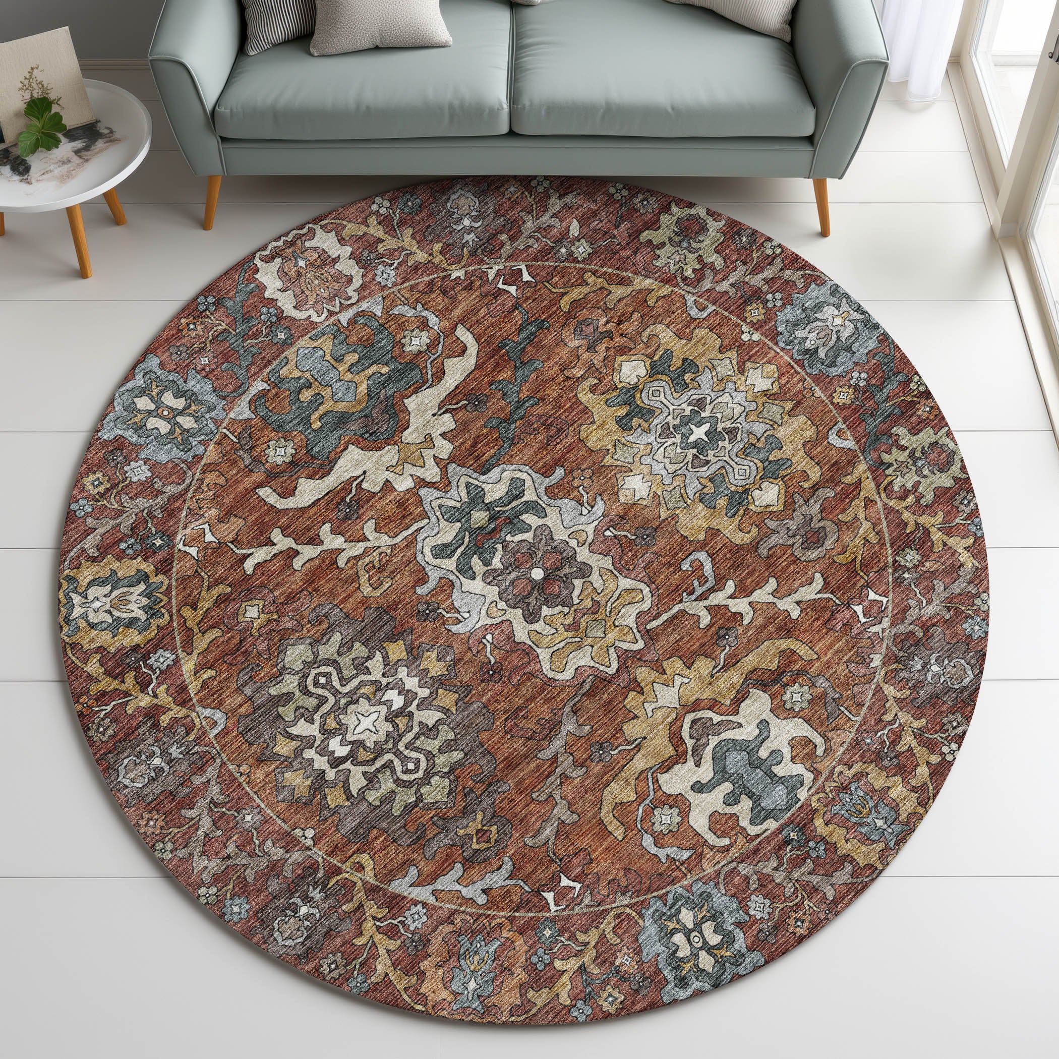 Indoor/Outdoor Traditional SR8 Paprika Orange Rug 8' x 8' #shape_Round