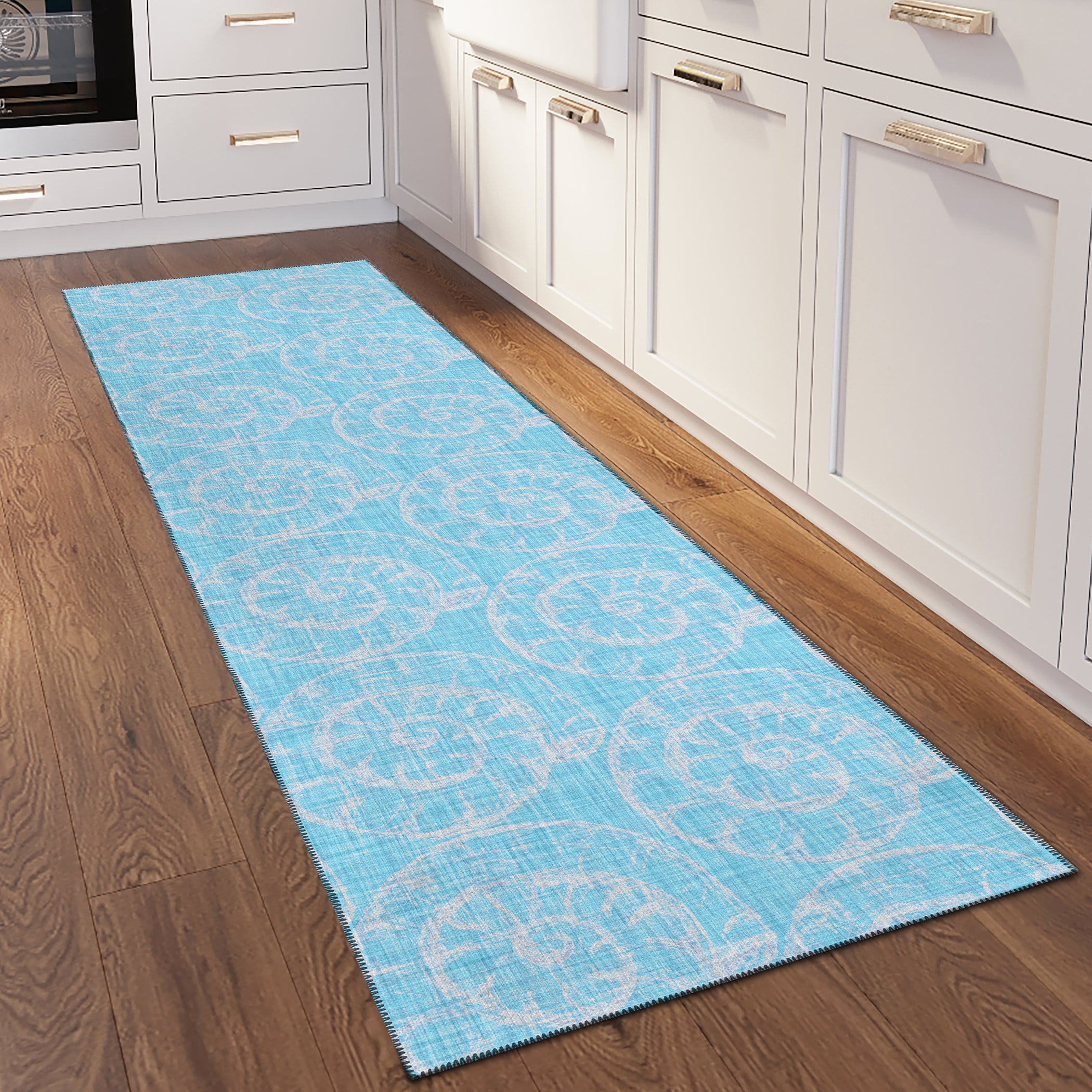 Luxury Machine Washable Indoor/Outdoor Coastal SZ11 Poolside Blue Rug 2'3" x 7'6" #shape_Runner