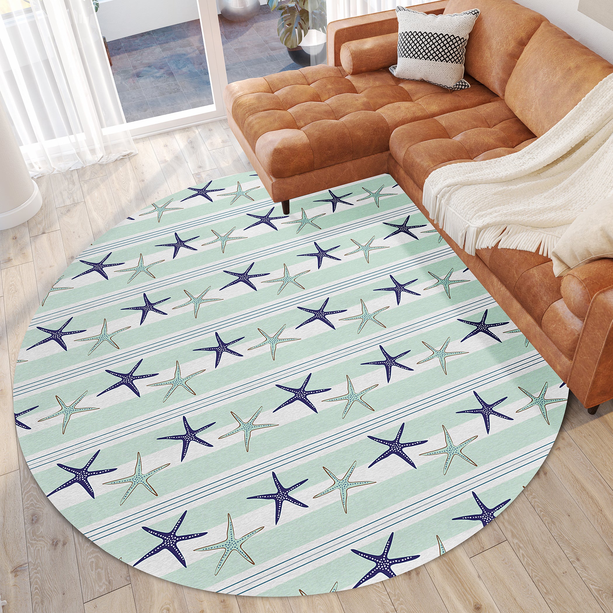 Luxury Machine Washable Indoor/Outdoor Coastal SZ12 Mist Blue Rug 8' x 8' #shape_Round