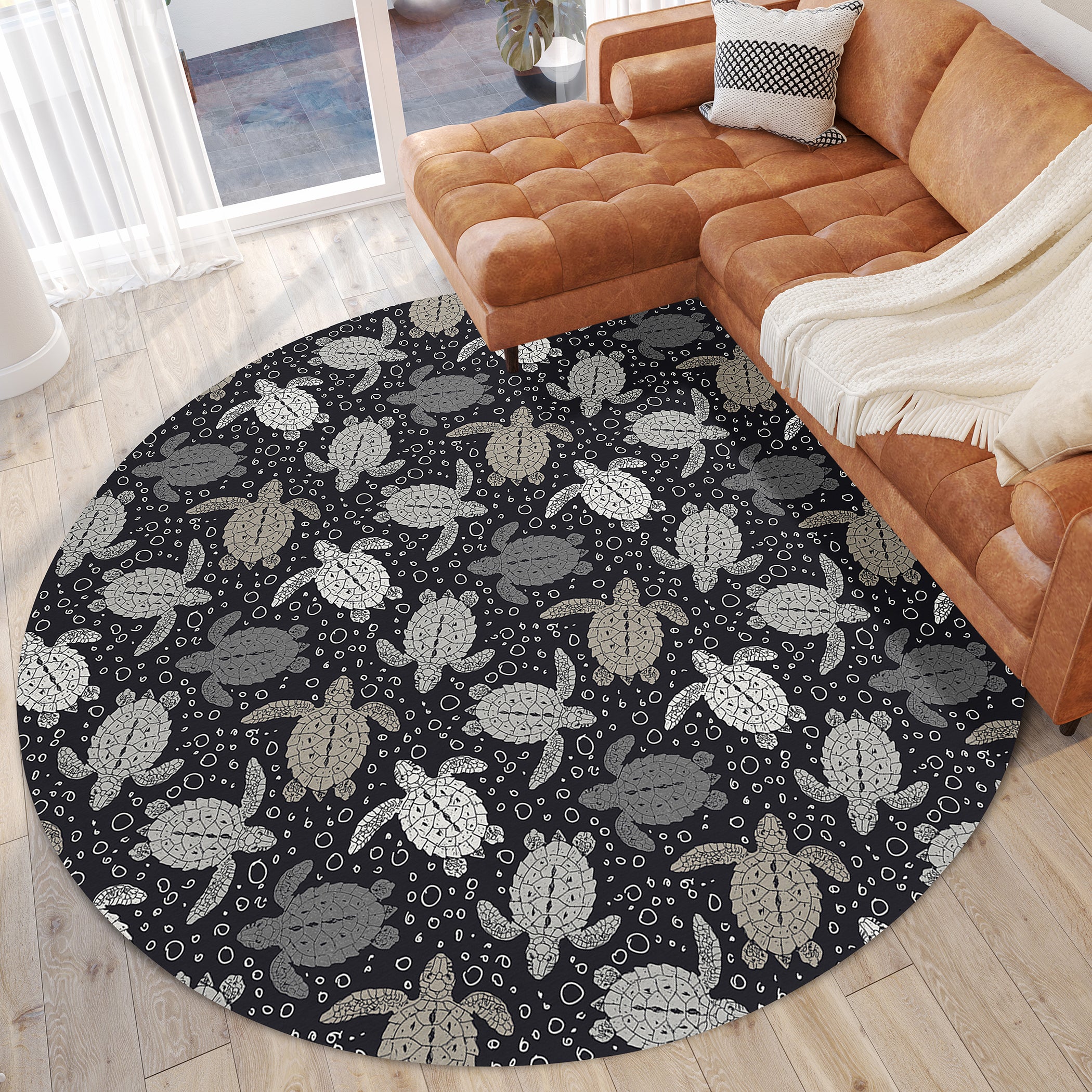 Luxury Machine Washable Indoor/Outdoor Coastal SZ13 Black Rug 8' x 8' #shape_Round
