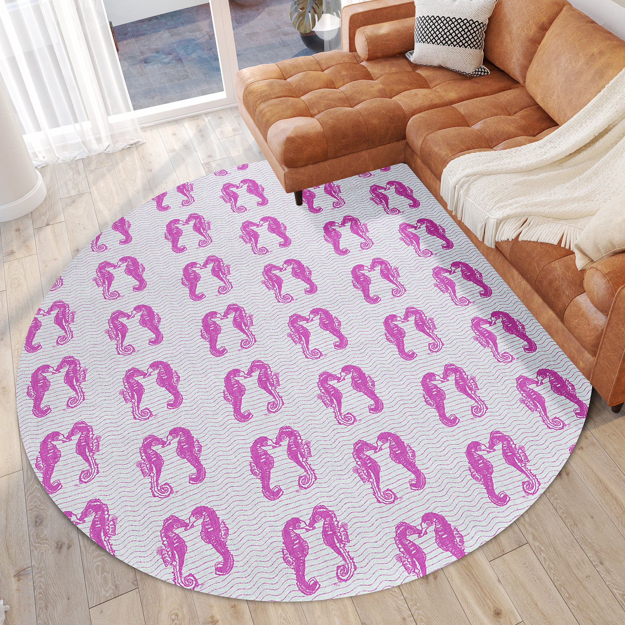 Luxury Machine Washable Indoor/Outdoor Coastal SZ15 Flamingo Pink Rug 8' x 8' #shape_Round