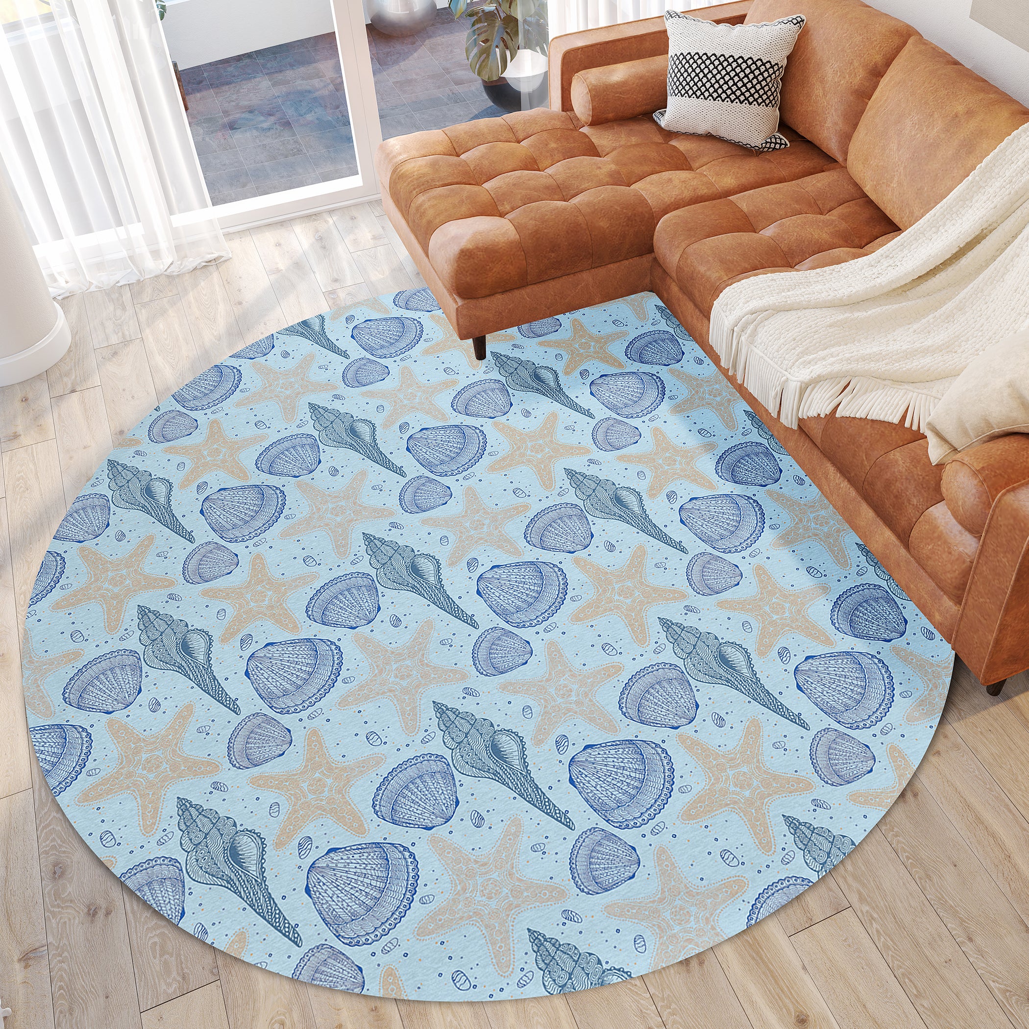 Luxury Machine Washable Indoor/Outdoor Coastal SZ4 Sky Blue Rug 8' x 8' #shape_Round