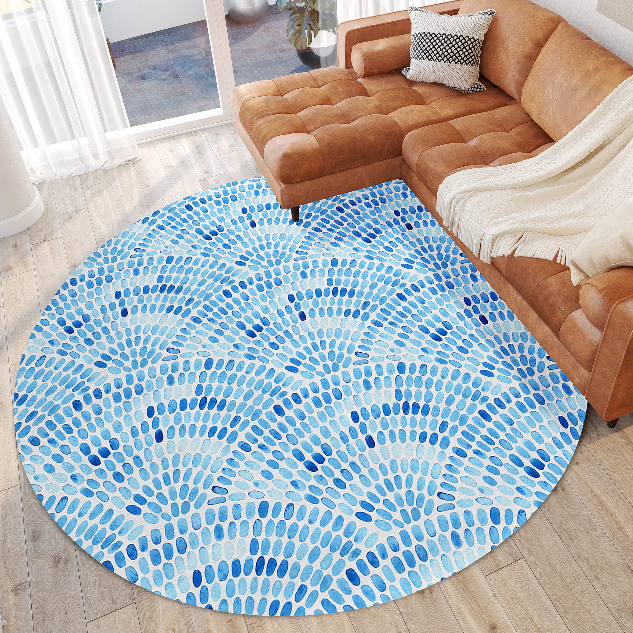Luxury Machine Washable Indoor/Outdoor Coastal SZ7 Indigo Blue Rug 8' x 8' #shape_Round
