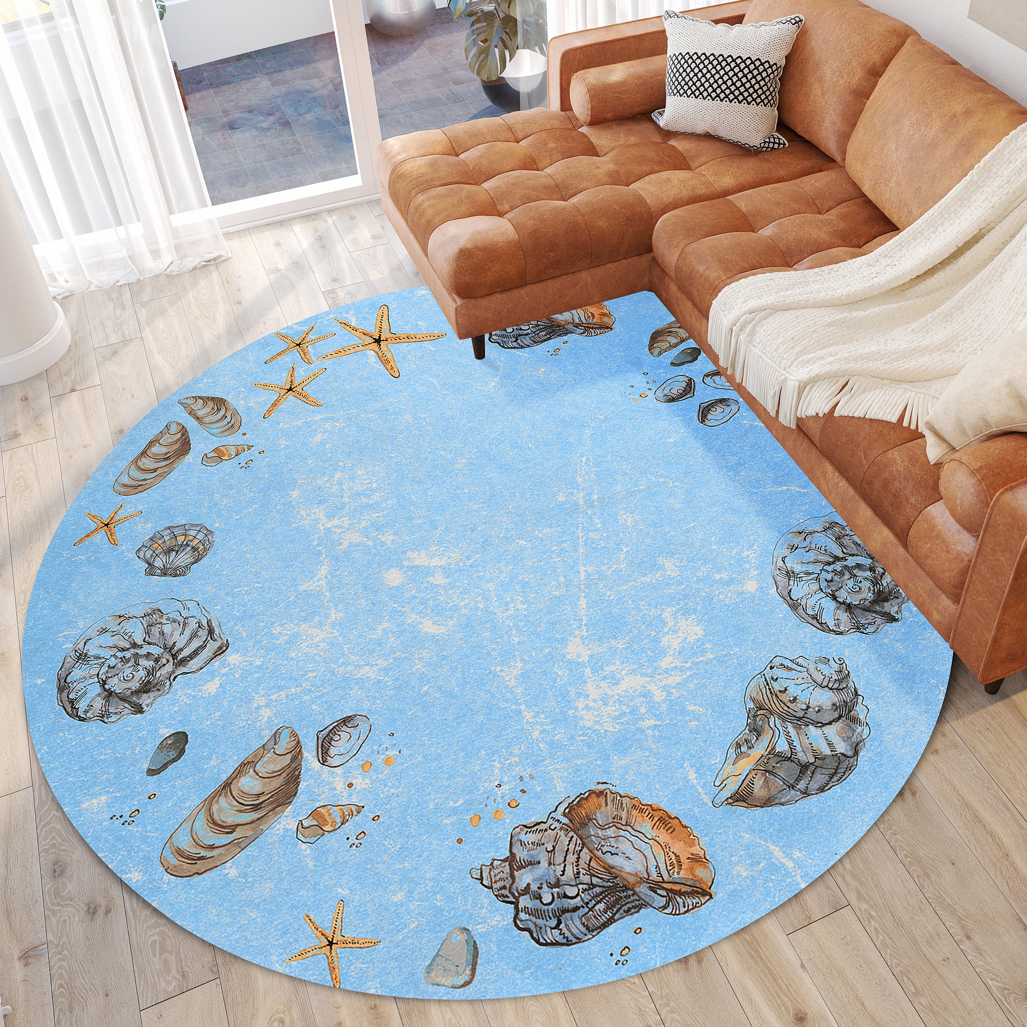 Luxury Machine Washable Indoor/Outdoor Coastal SZ9 Denim Blue Rug 8' x 8' #shape_Round
