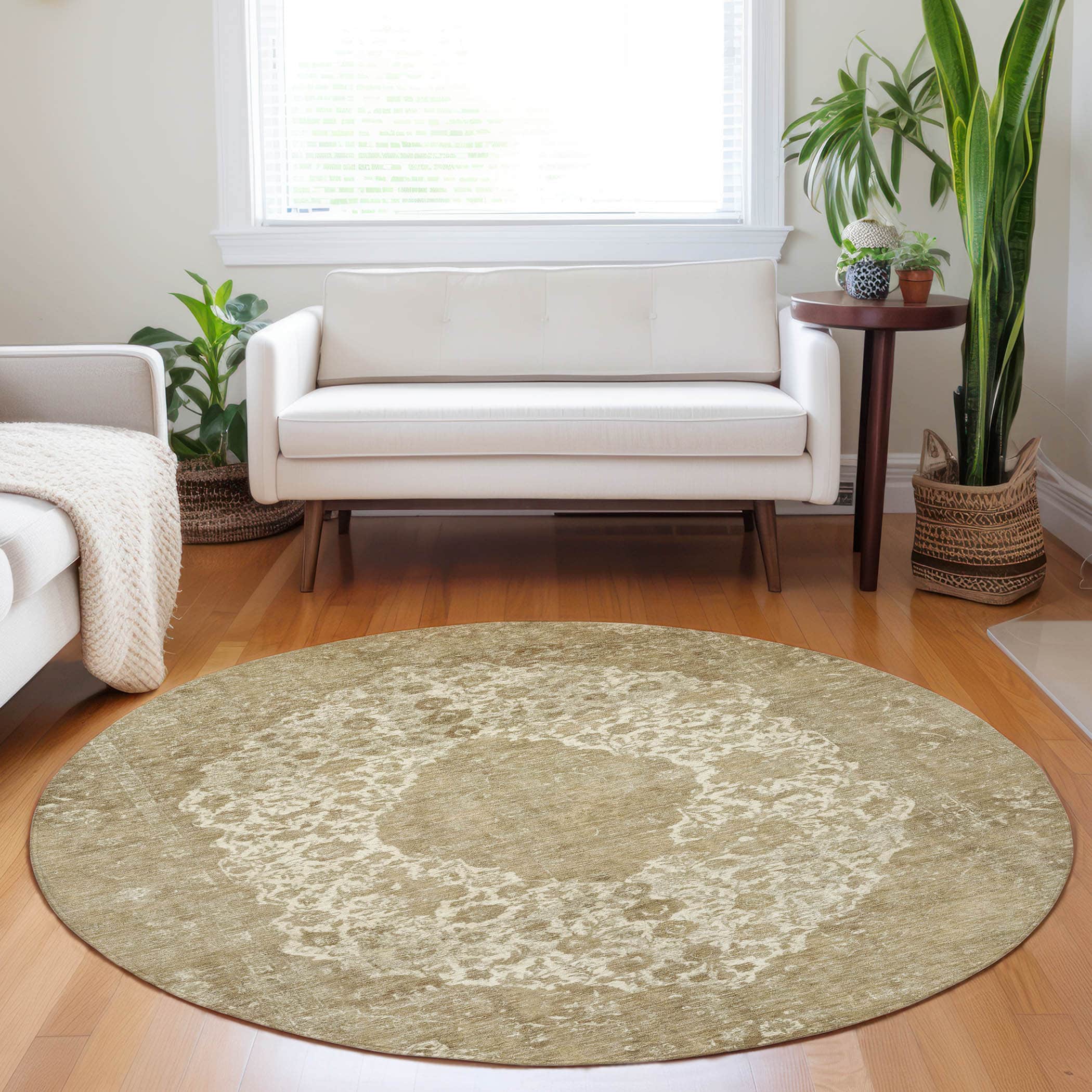 Luxury Washable Indoor/Outdoor Traditional TB13 Beige Brown Rug 8' x 8' #shape_Round