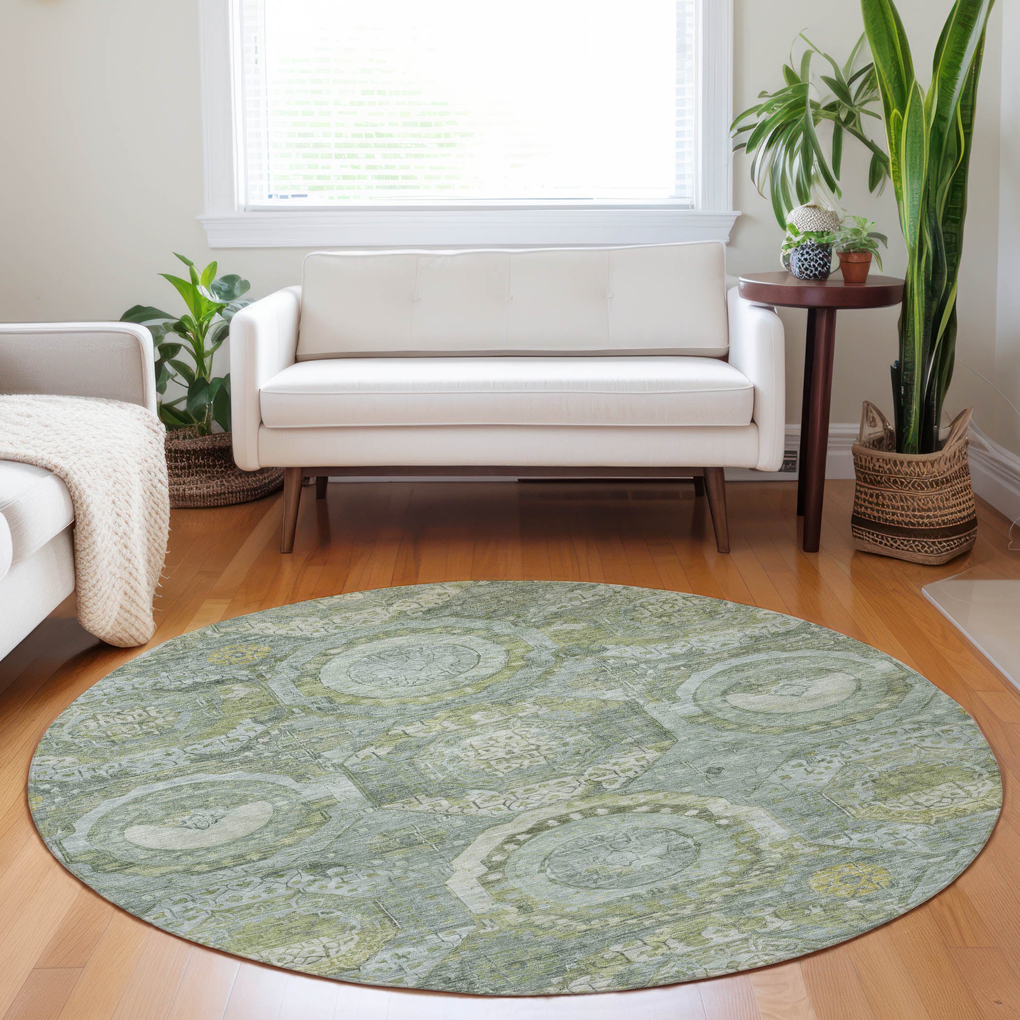 Luxury Washable Indoor/Outdoor Traditional TB14 Sage Green Rug 8' x 8' #shape_Round